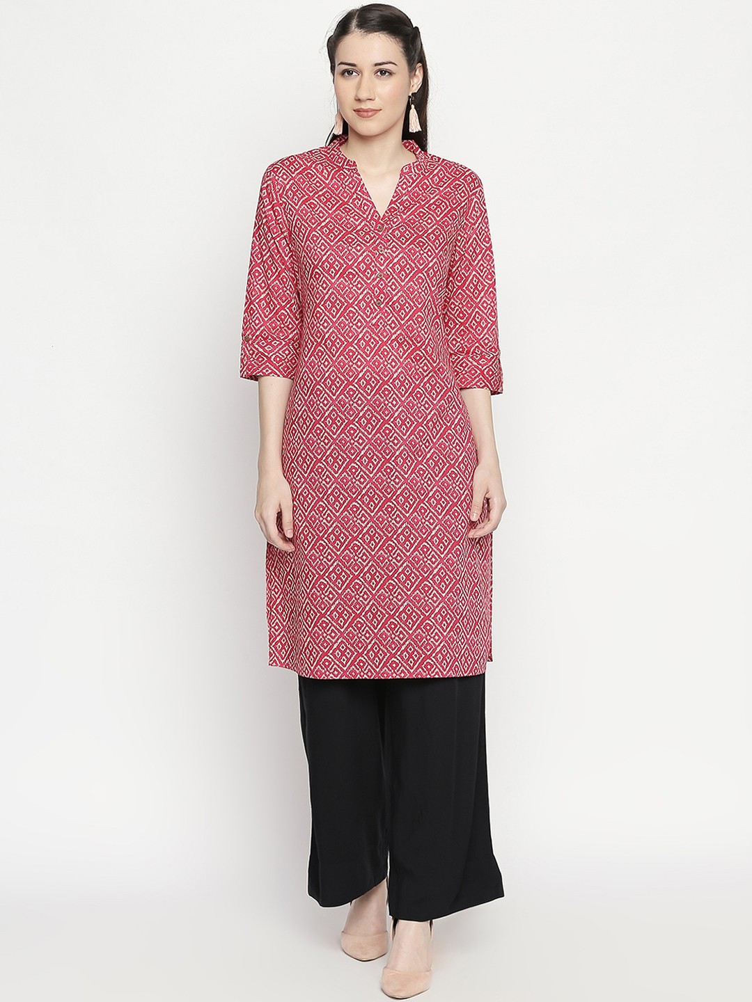 

RANGMANCH BY PANTALOONS Women Coral Pink & Beige Printed Straight Kurta