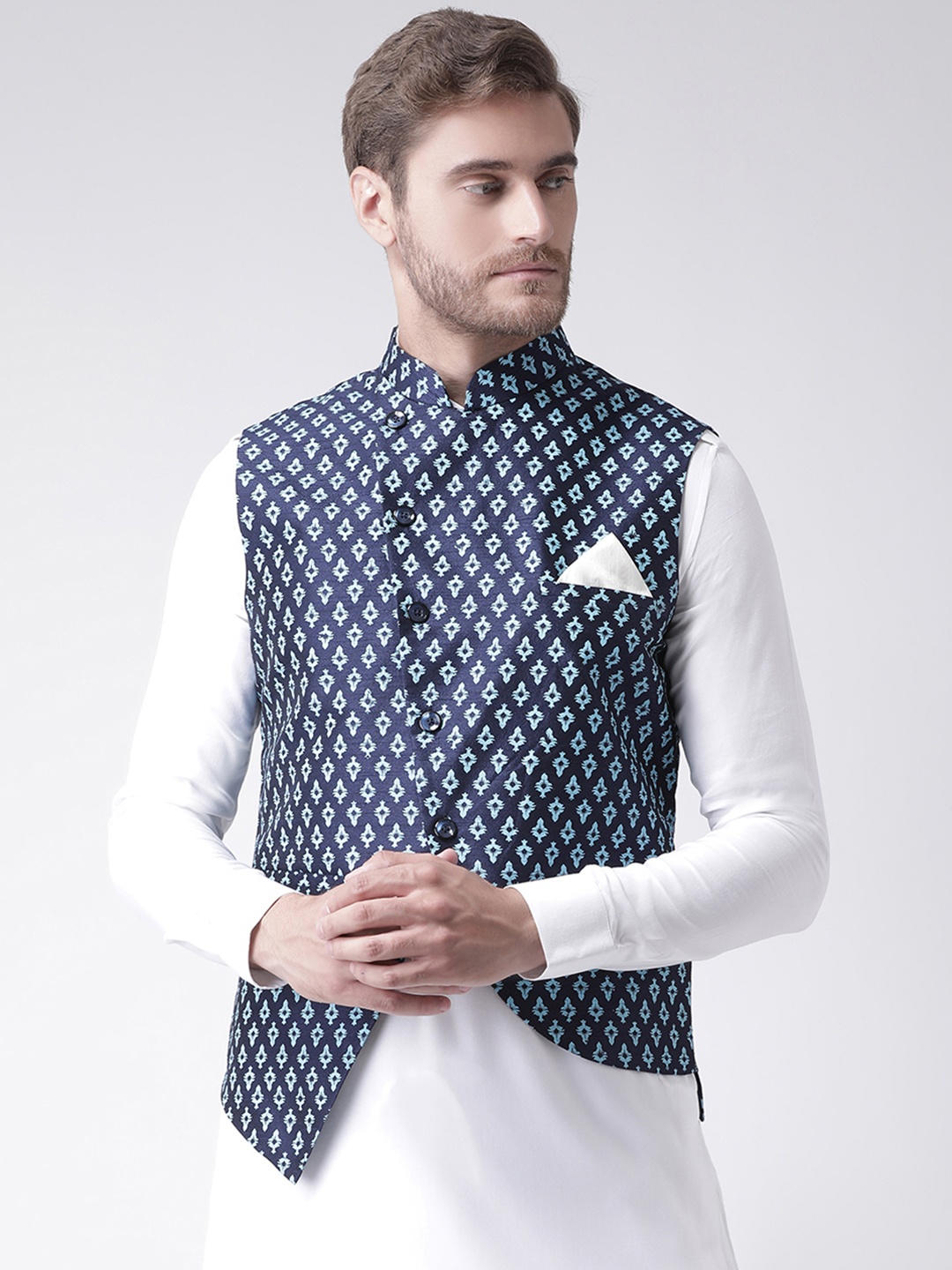 

DEYANN Men Navy Blue Printed Nehru Jacket