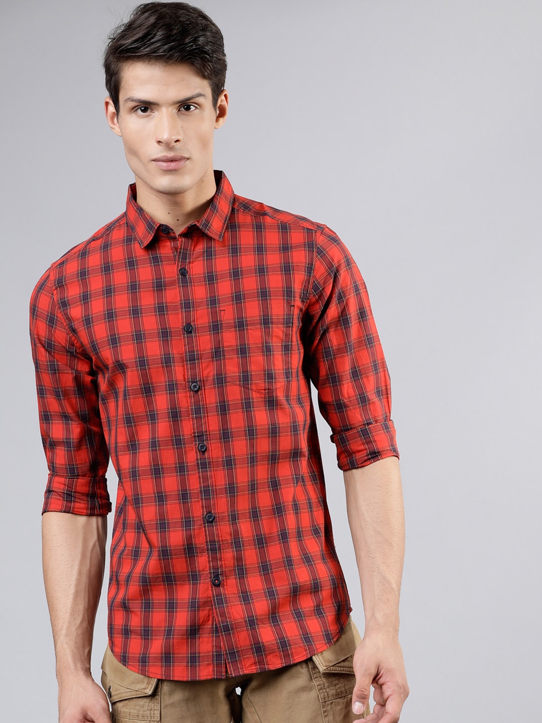 HIGHLANDER Men Rust & Navy Blue Slim Fit Checked Casual Shirt