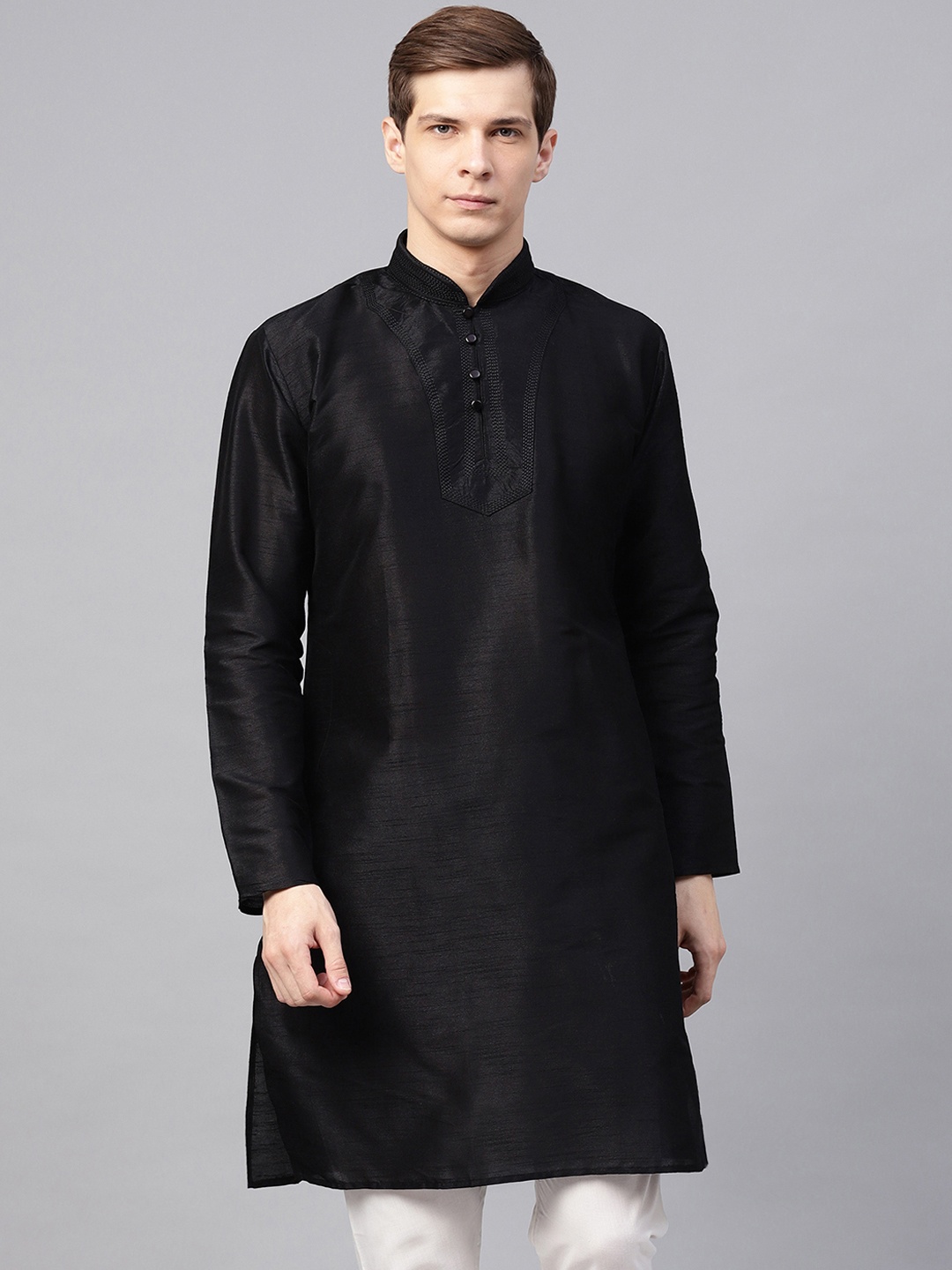 

SOJANYA Men Black Solid Straight Kurta