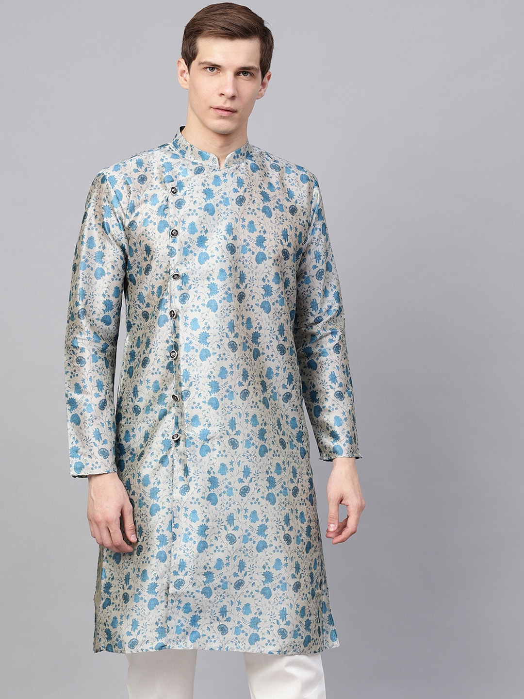 

SOJANYA Men Cream-Coloured & Blue Printed Straight Kurta