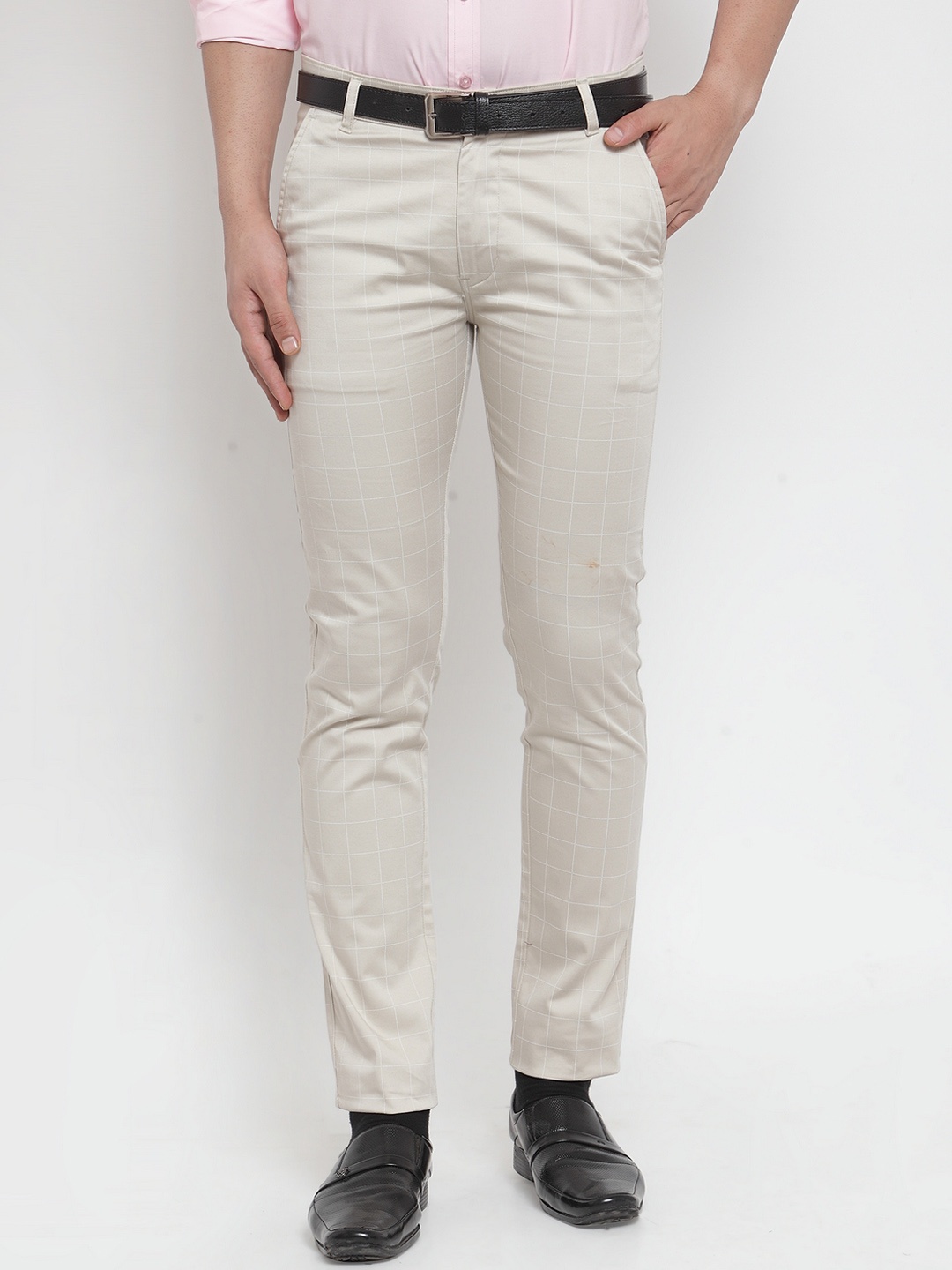 

Hancock Men Beige Slim Fit Checked Formal Trousers