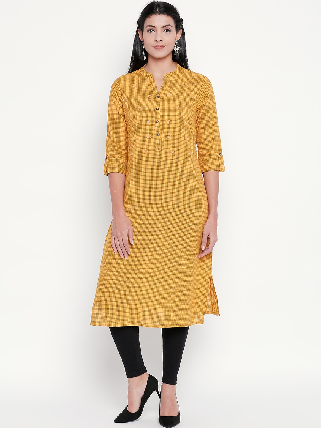 

RANGMANCH BY PANTALOONS Women Mustard Yellow Checked Straight Kurta