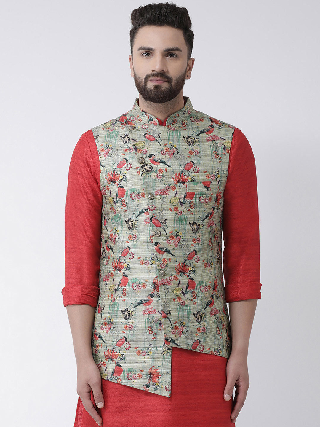 

I Know Men Green Printed Nehru Jacket