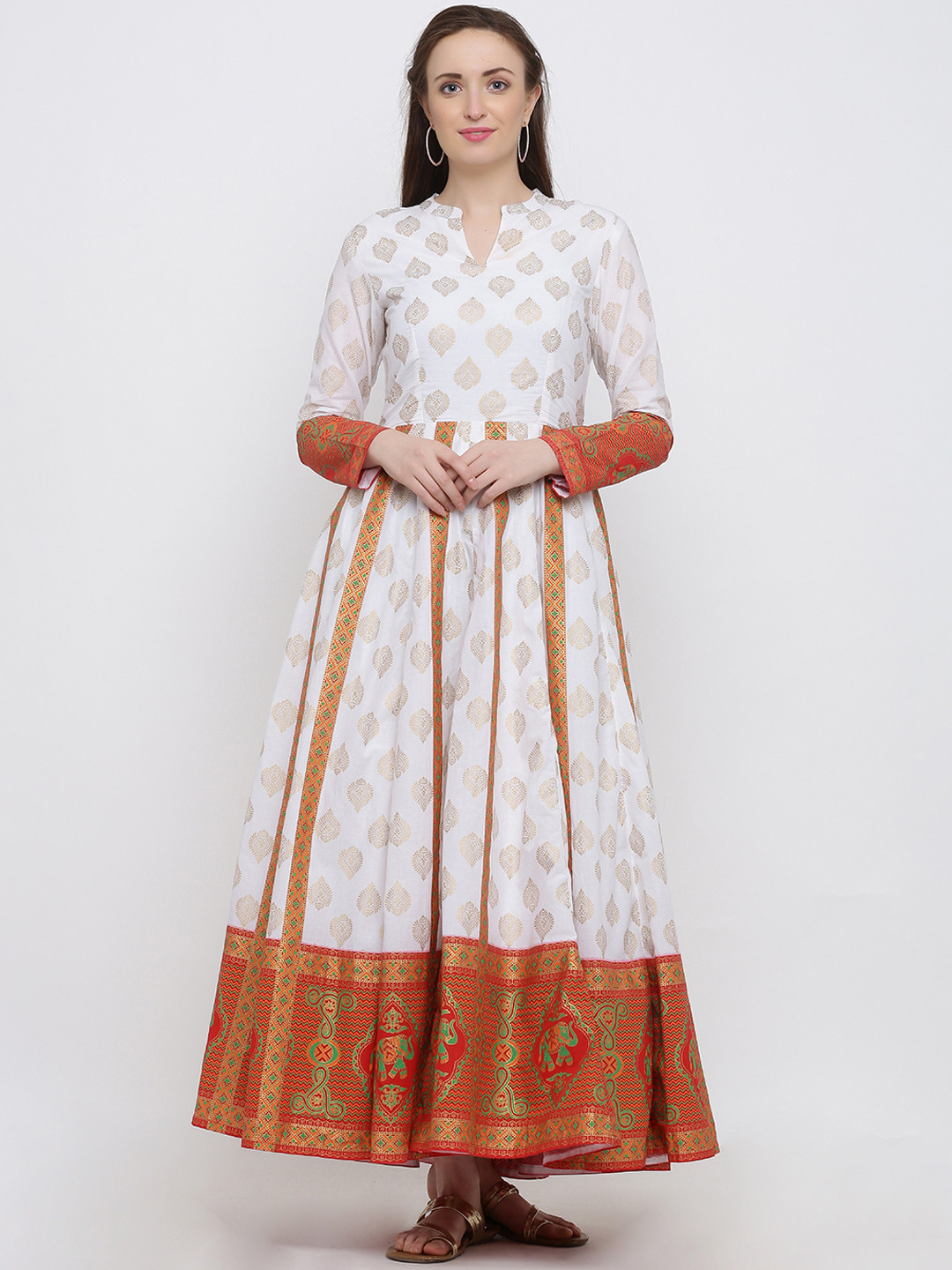 

Indian Virasat Women White & Beige Printed Maxi Dress