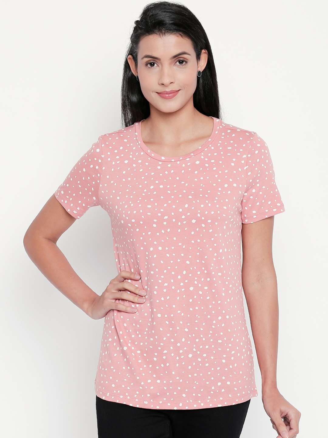 

Honey by Pantaloons Women Pink Printed Round Neck Pure Cotton T-shirt