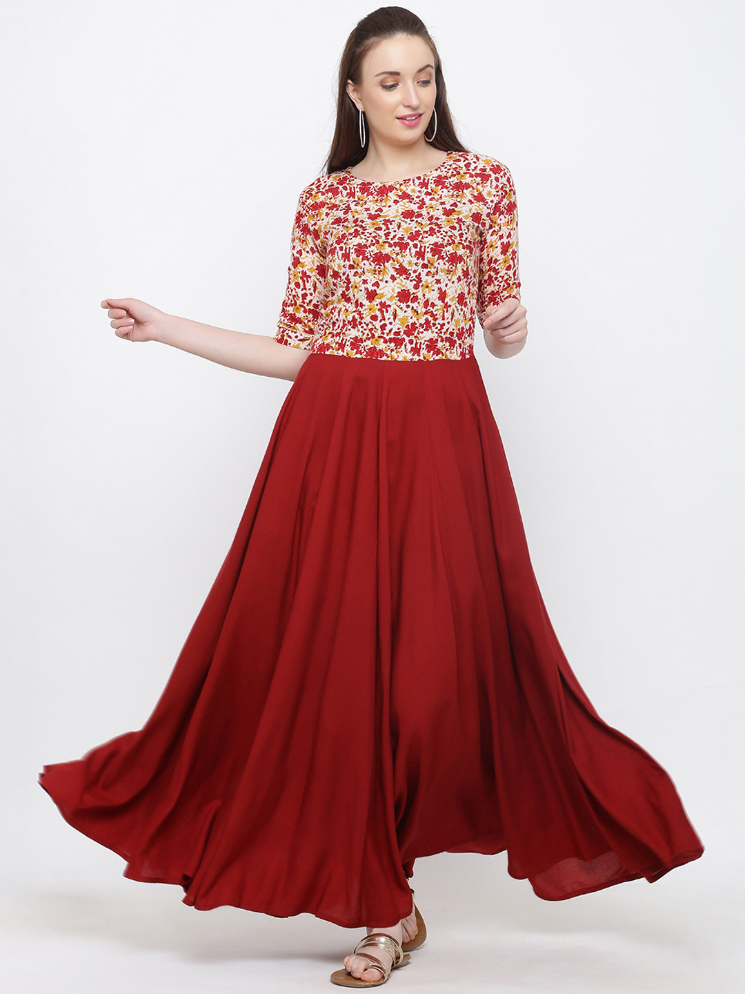 

Indian Virasat Women Maroon & Beige Floral Print Maxi Dress