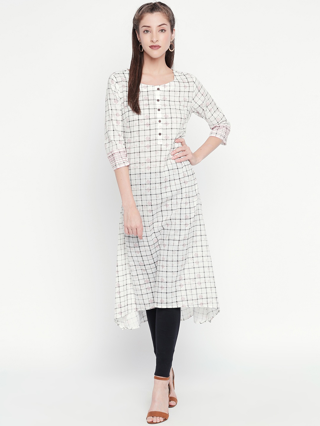 

RANGMANCH BY PANTALOONS Women White & Black Checked A-Line Kurta
