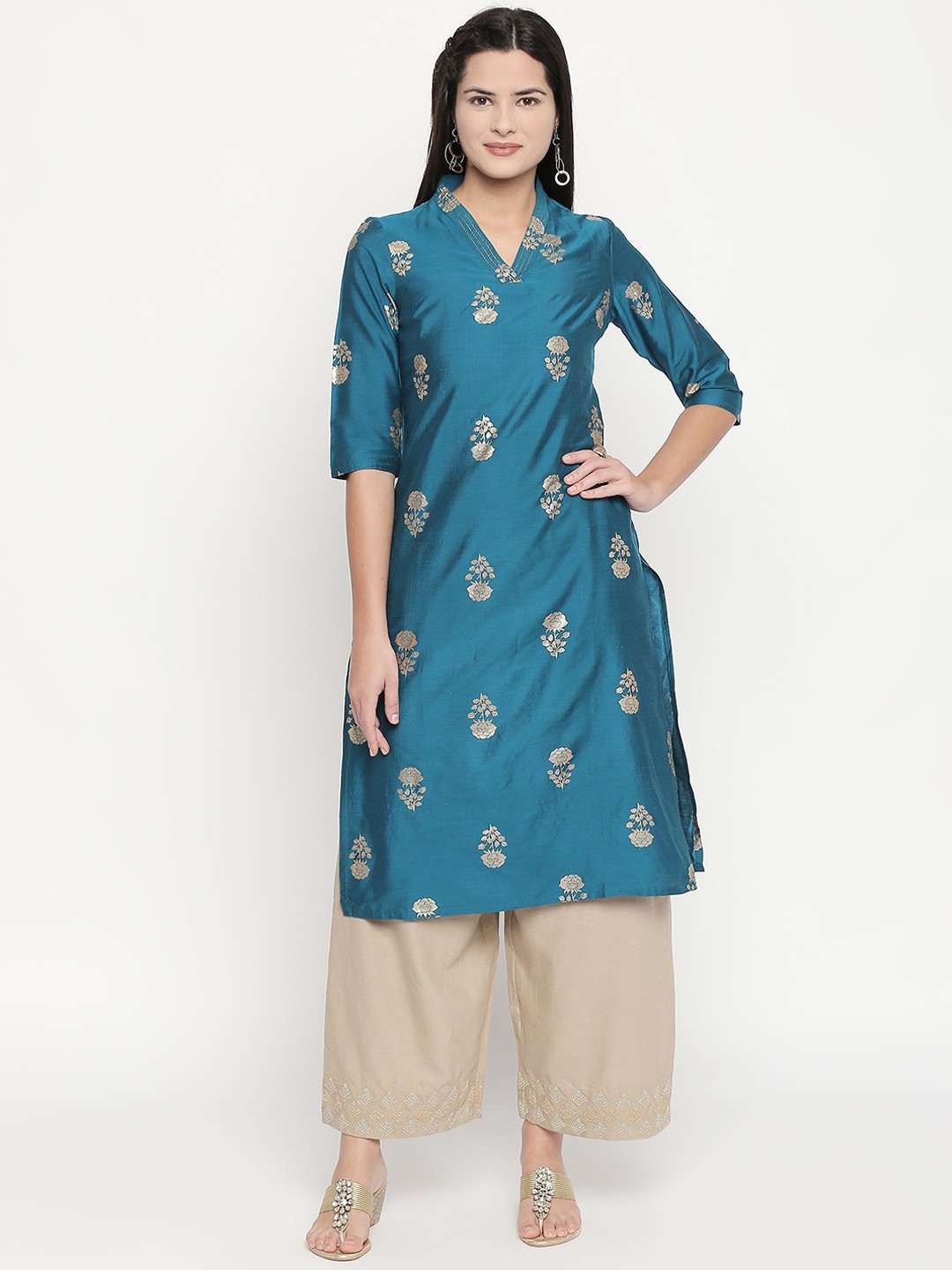 

RANGMANCH BY PANTALOONS Women Teal & Beige Printed Straight Kurta