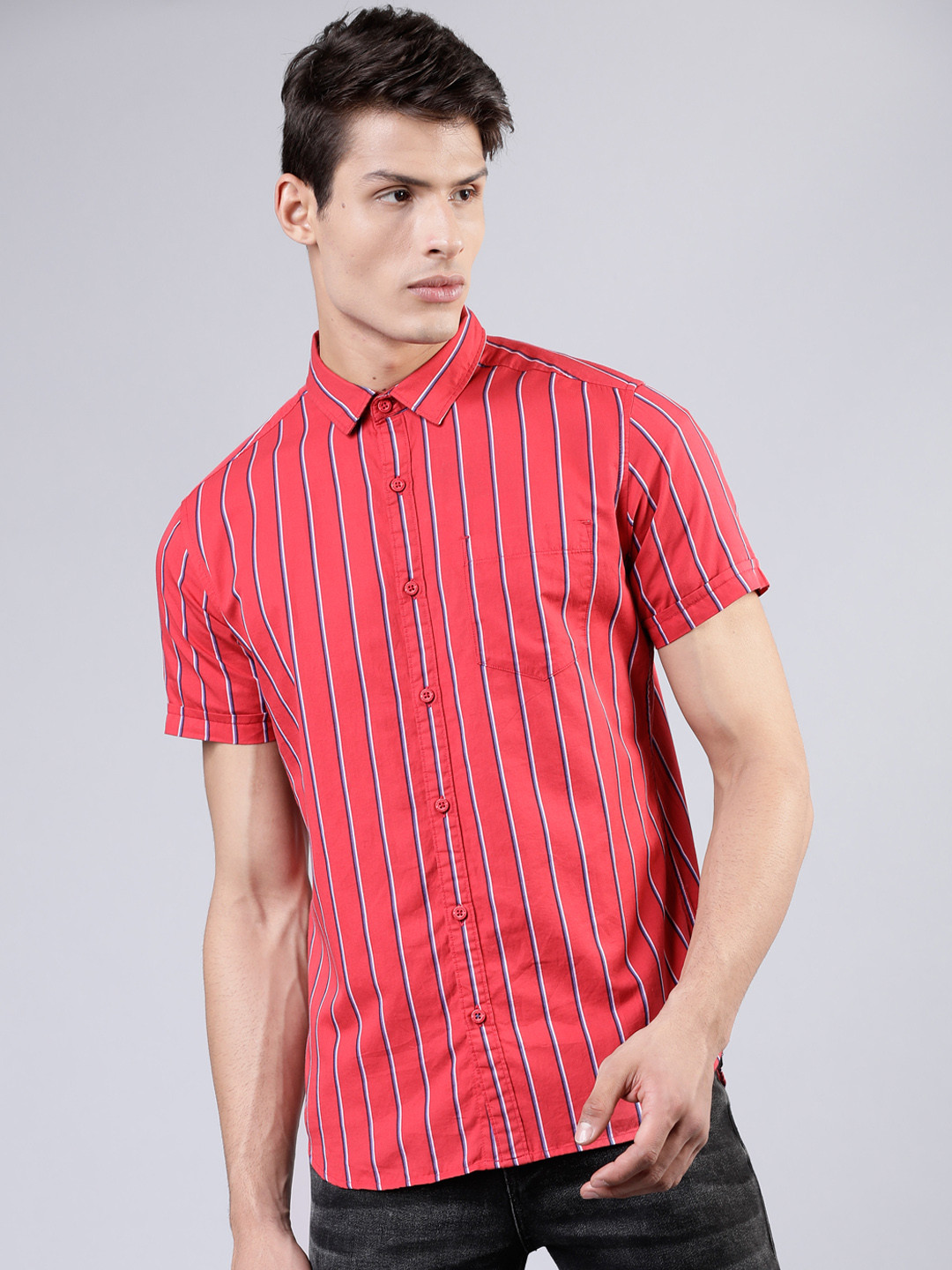 

HIGHLANDER Men Red & Blue Slim Fit Striped Casual Shirt