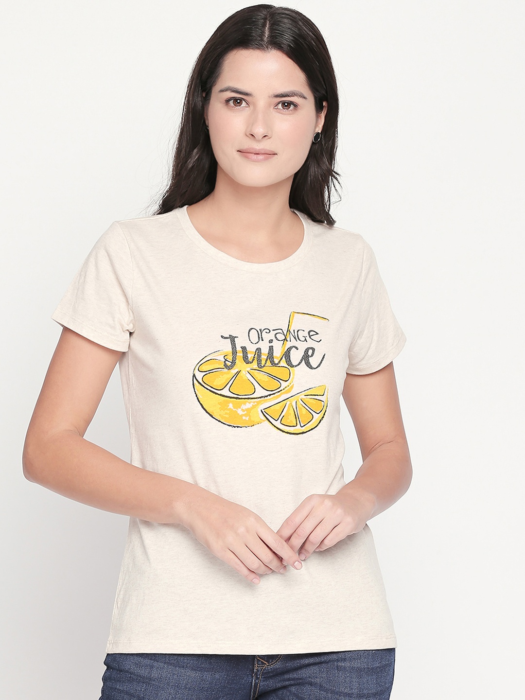 

Honey by Pantaloons Women Off-White Printed Round Neck Pure Cotton T-shirt