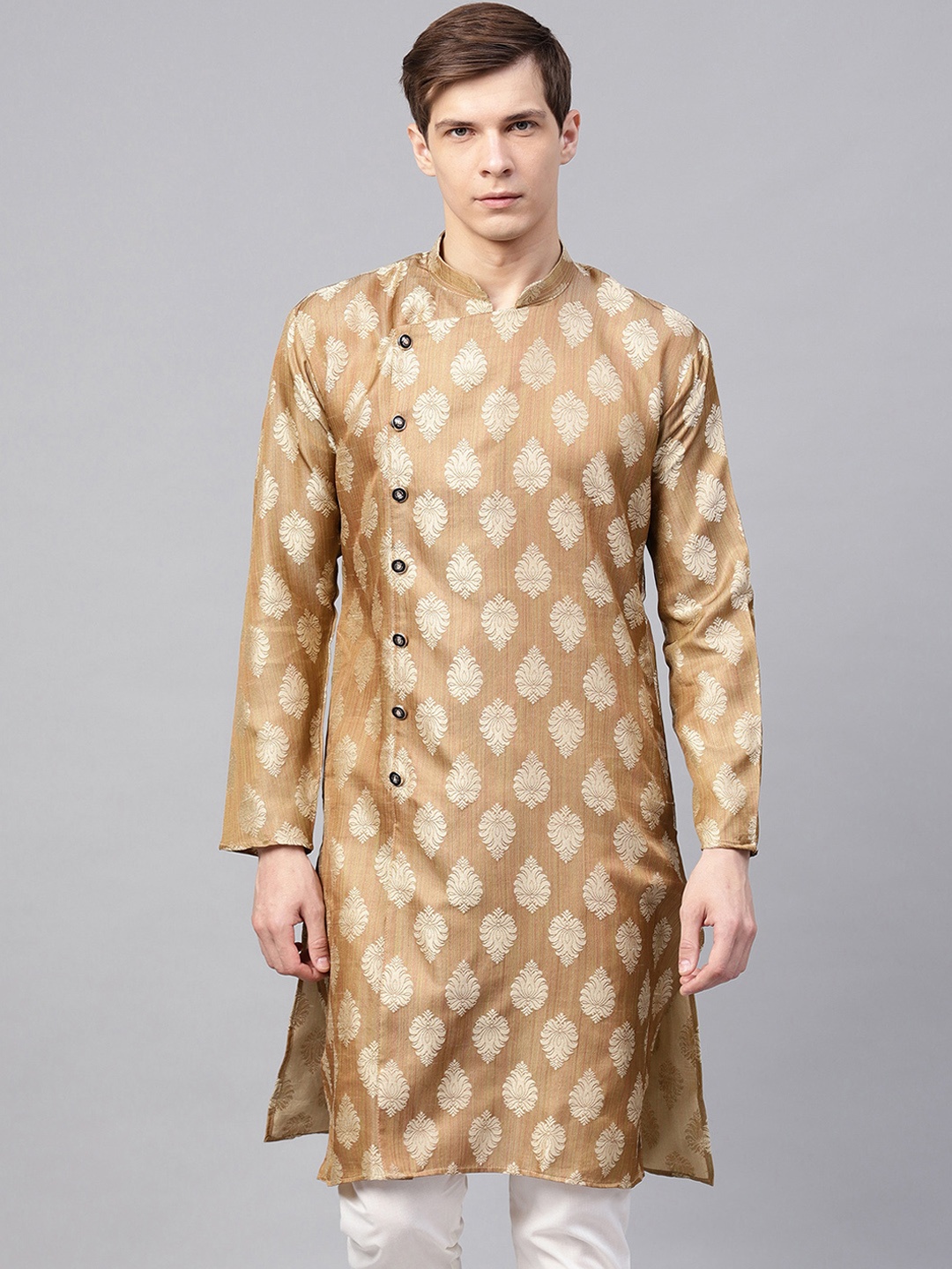 

SOJANYA Men Brown & Gold-Toned Woven Design Jacquard Silk Straight Kurta