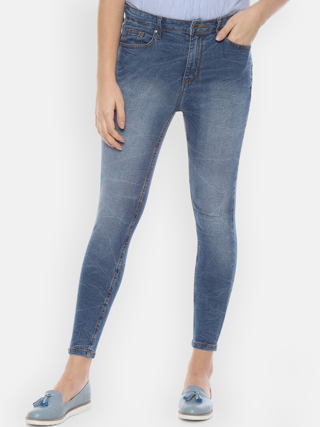 

People Women Blue Regular Fit Mid-Rise Clean Look Stretchable Jeans