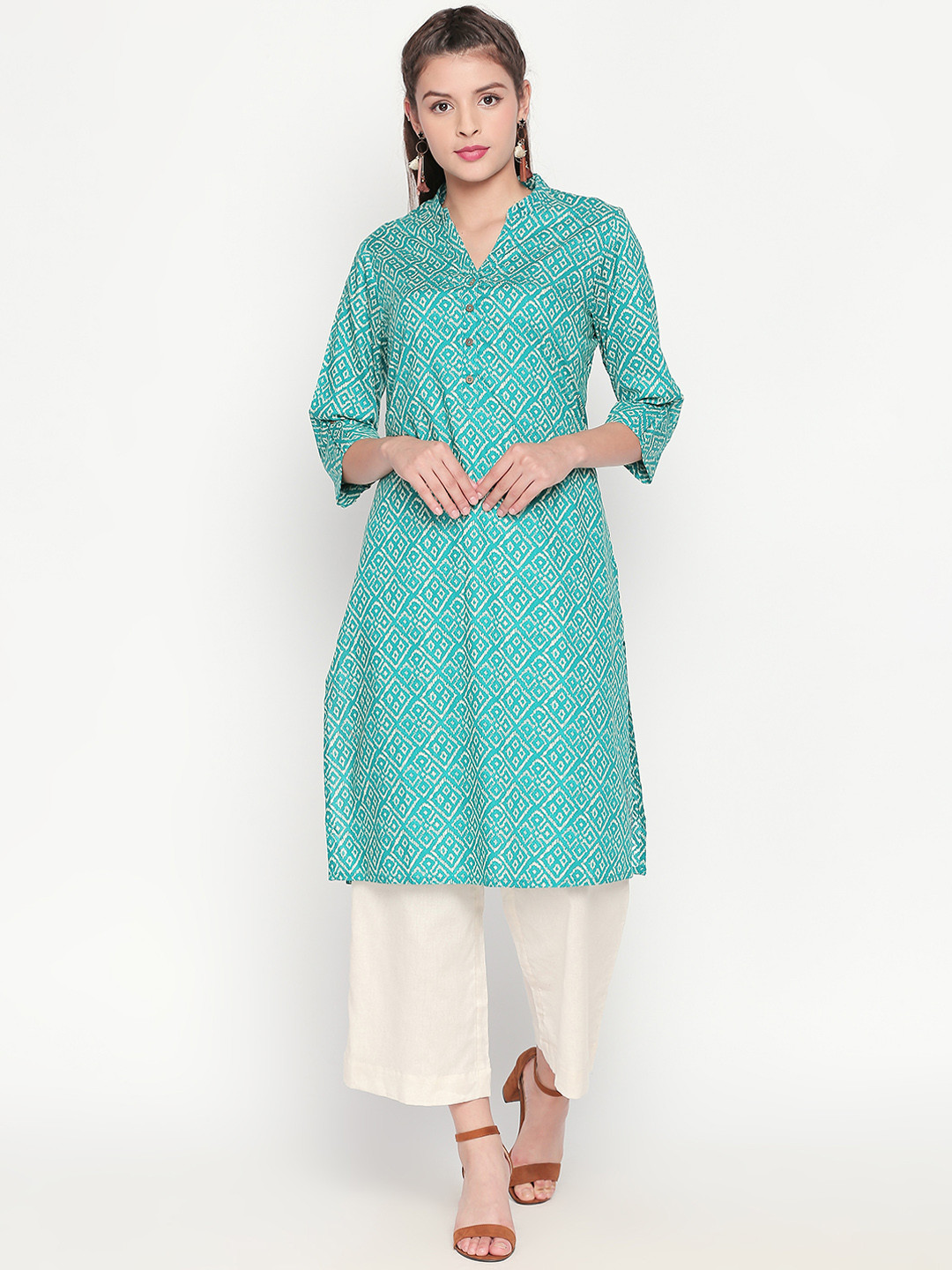 

RANGMANCH BY PANTALOONS Women Turquoise Blue & White Printed Straight Kurta