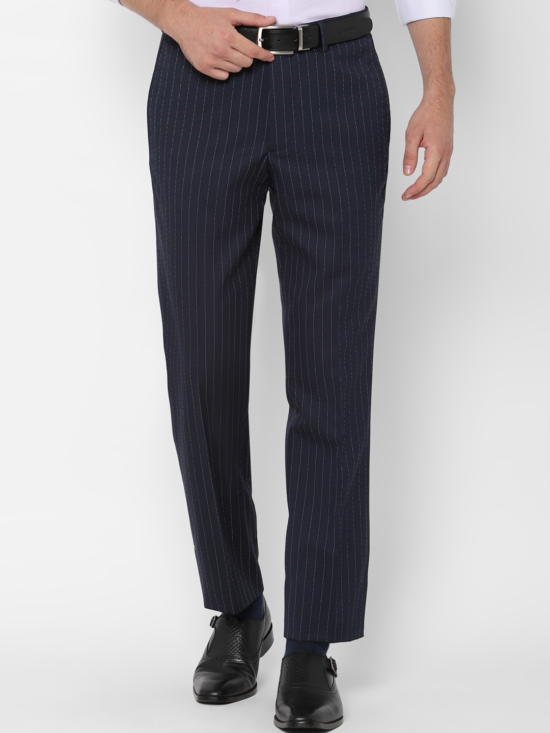 

SIMON CARTER LONDON Men Navy Blue Slim Fit Striped Formal Trousers