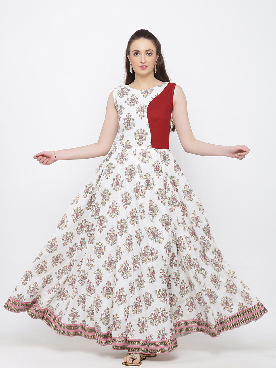 

Indian Virasat Women White & Maroon Floral Printed Maxi Dress