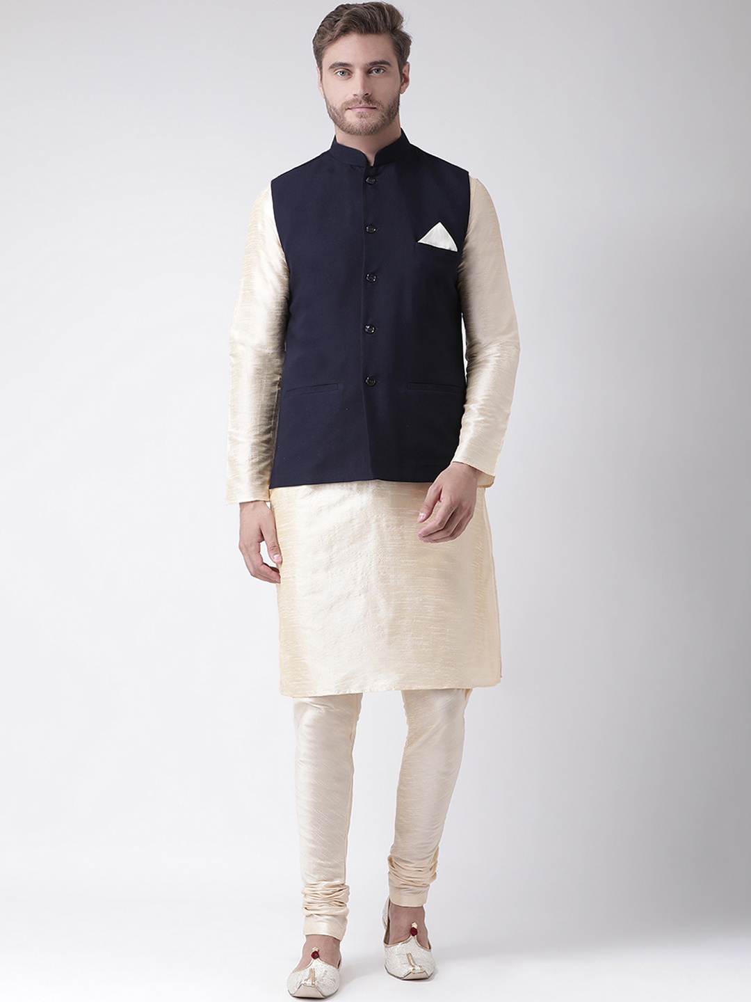 

DEYANN Men Navy Blue & Cream-Coloured Solid Kurta with Churidar