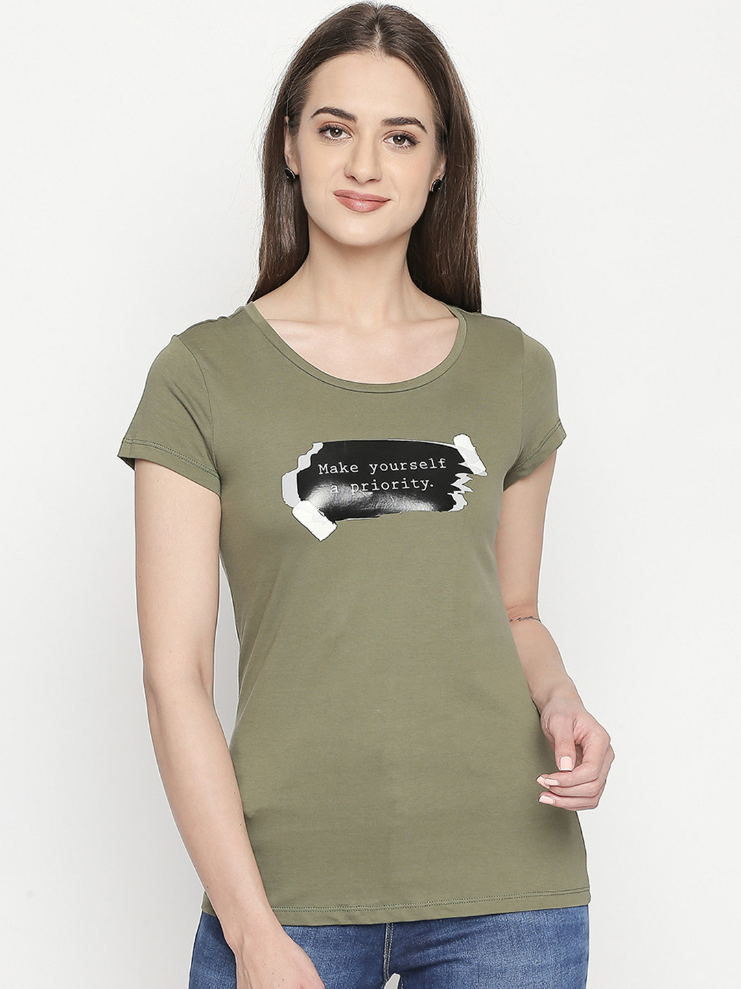 

Honey by Pantaloons Women Olive Green Printed Round Neck Pure Cotton T-shirt