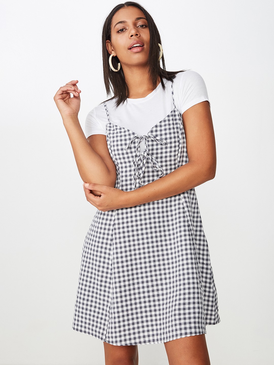 

COTTON ON Women Checked Navy Blue Pinafore Dress