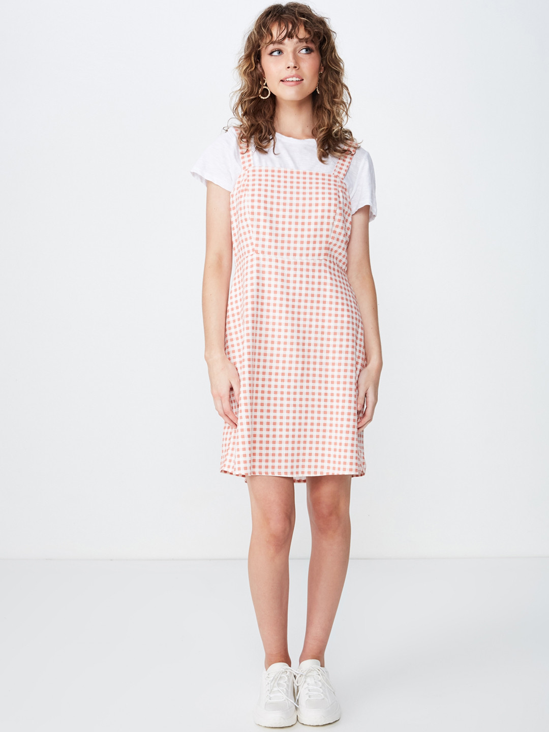 

COTTON ON Women Off-White & Pink Checked Pinafore Dress