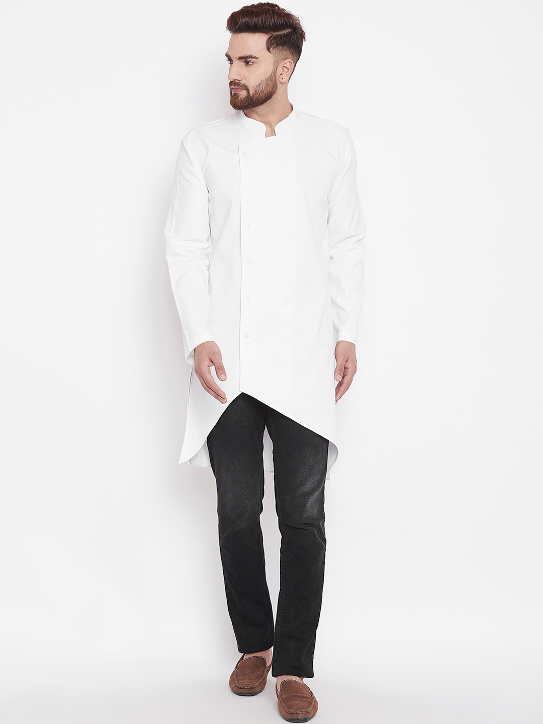 even Men White Solid Asymmetric Straight Kurta