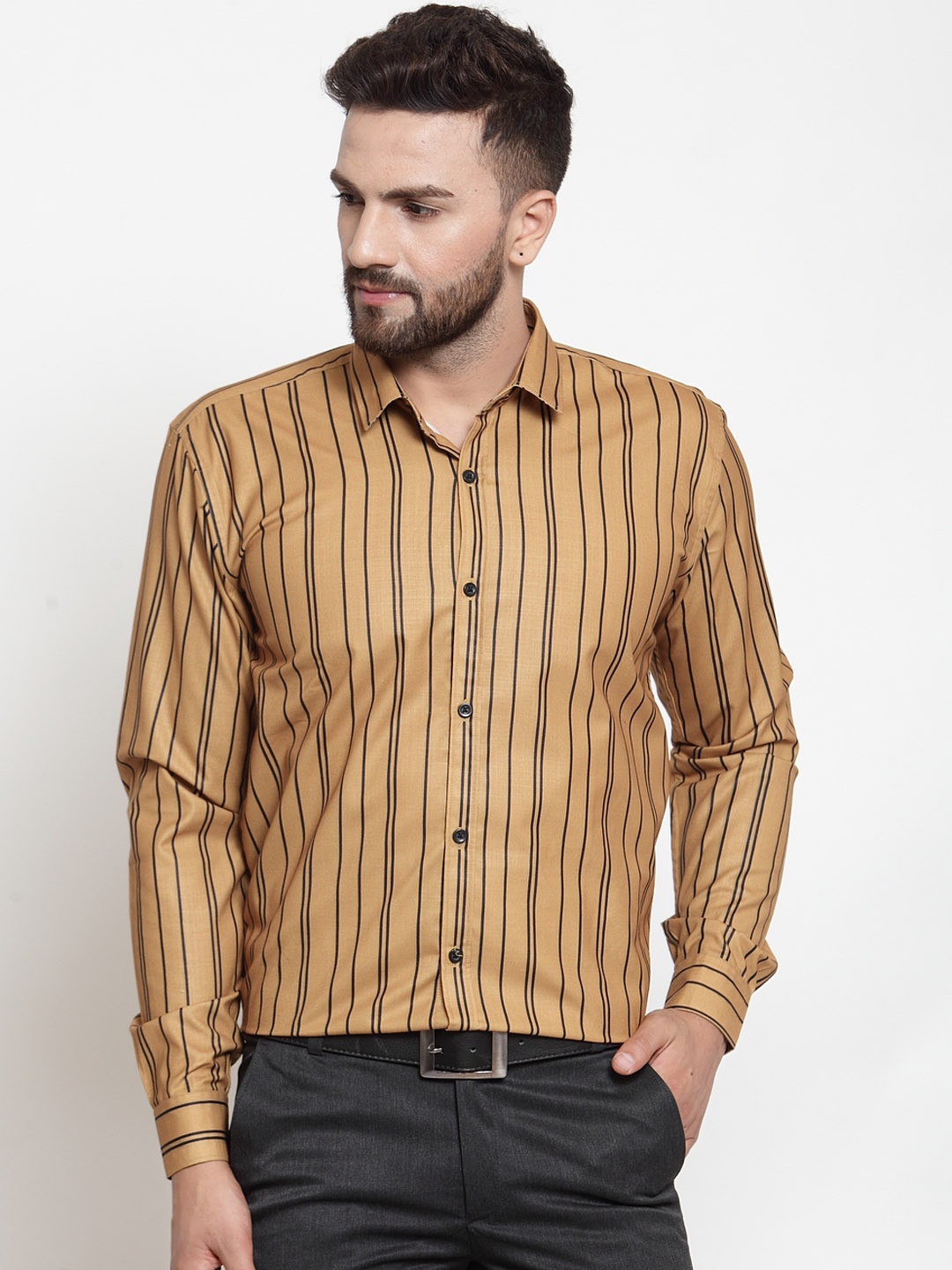 

JAINISH Premium Men Mustard Yellow & Black Slim Fit Striped Formal Shirt
