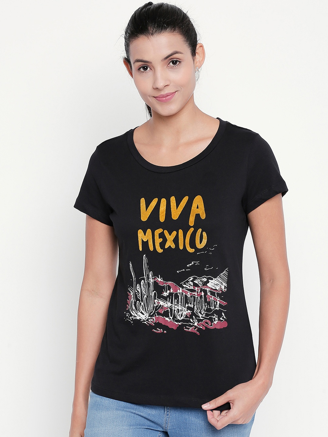 

Honey by Pantaloons Women Black Printed Round Neck Pure Cotton T-shirt