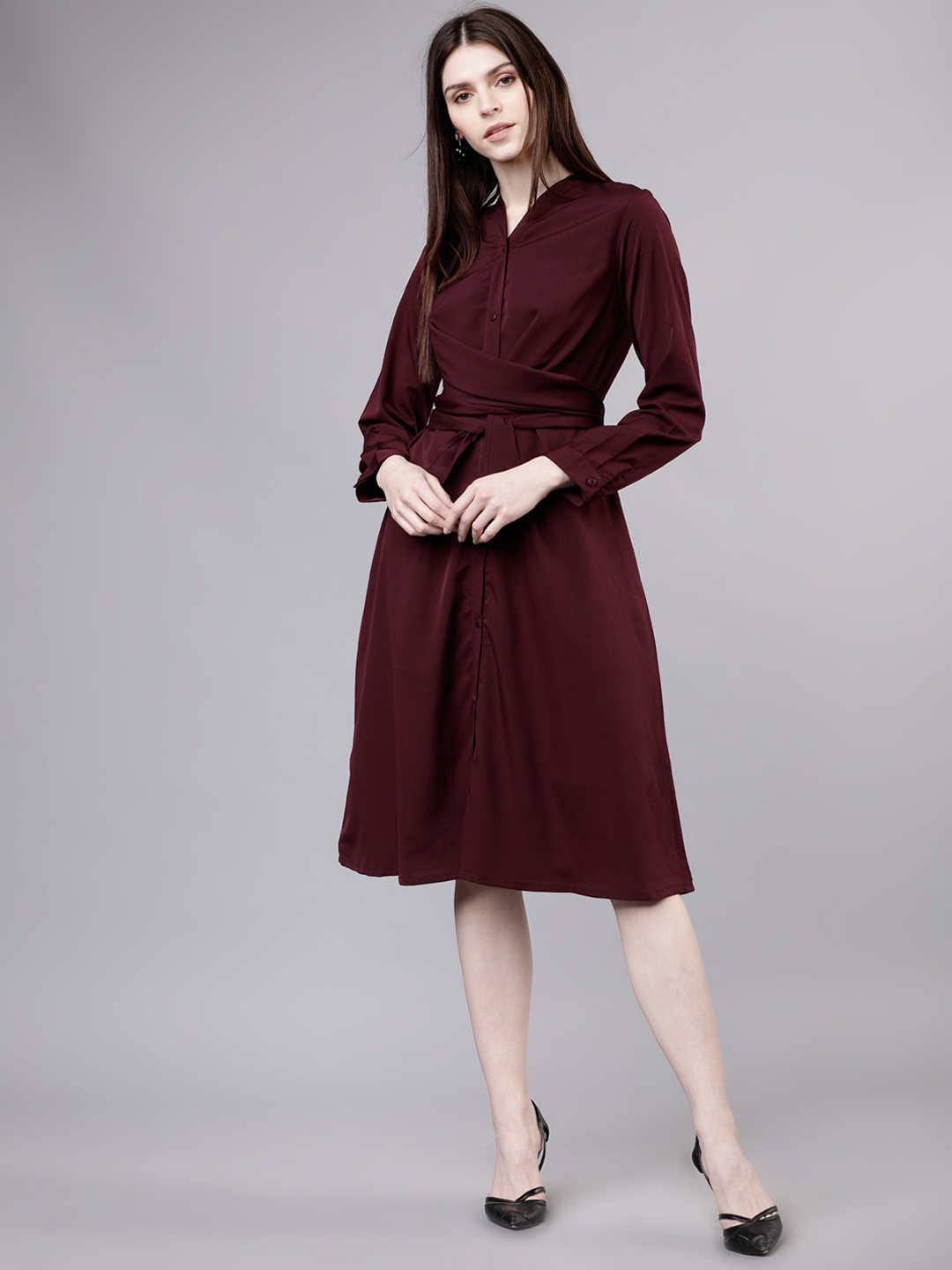 

Tokyo Talkies Women Solid Burgundy Shirt Dress