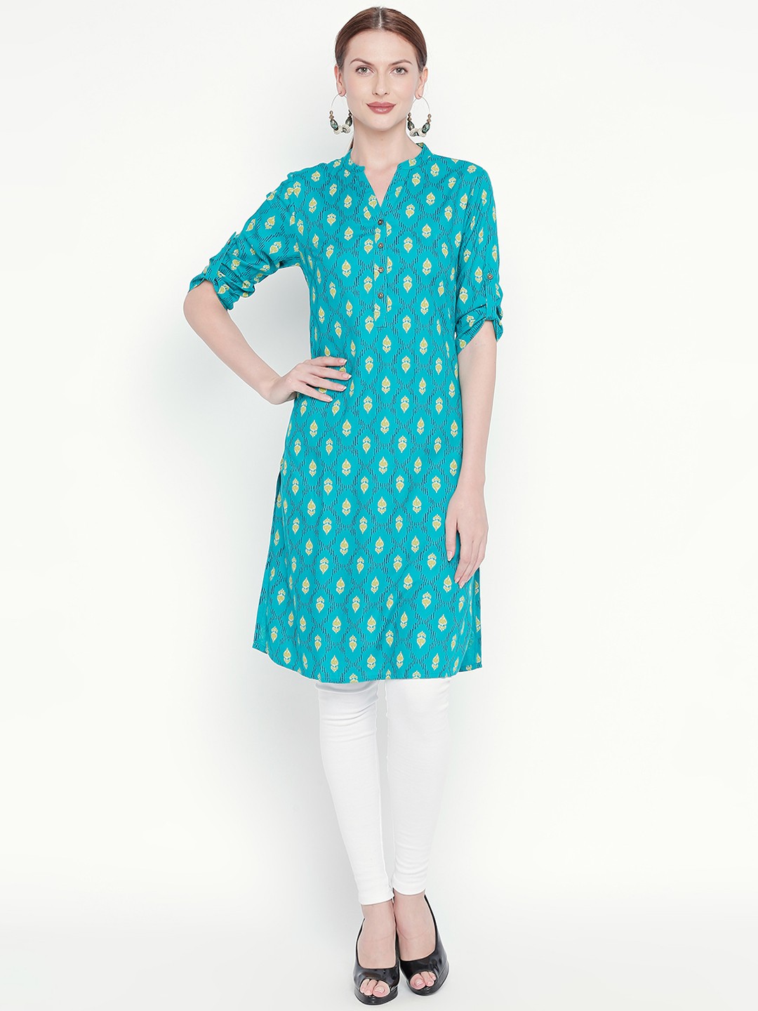 

RANGMANCH BY PANTALOONS Women Turquoise Blue & Yellow Printed Straight Kurta