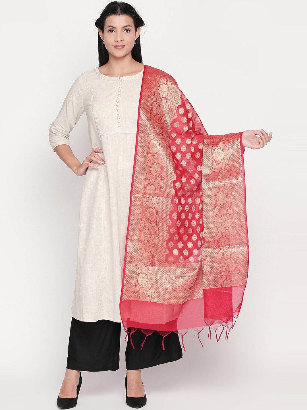 

RANGMANCH BY PANTALOONS Red & Silver-Toned Woven Design Dupatta