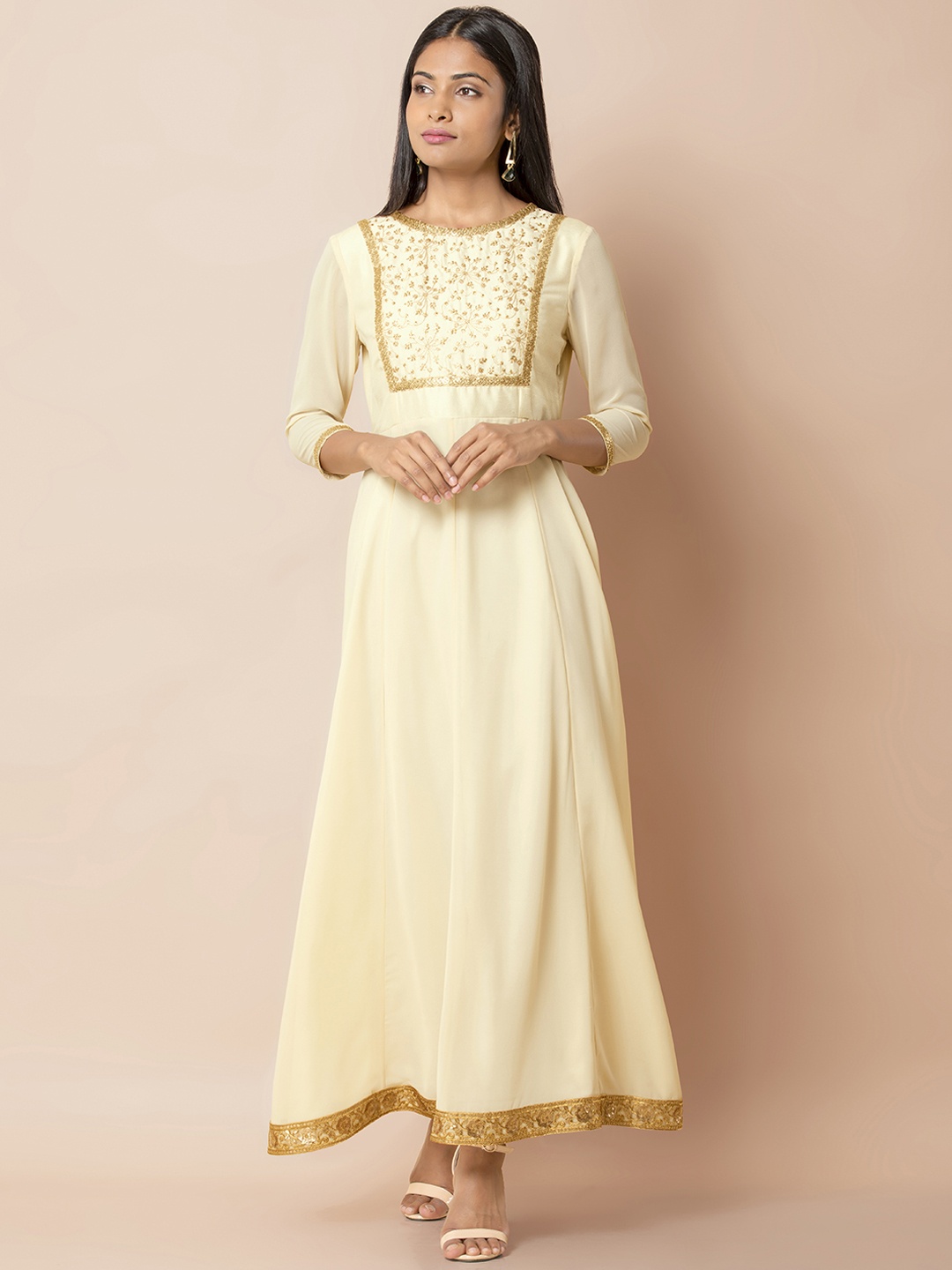 

INDYA White Embroidered Yoke Anarkali Tunic, Cream
