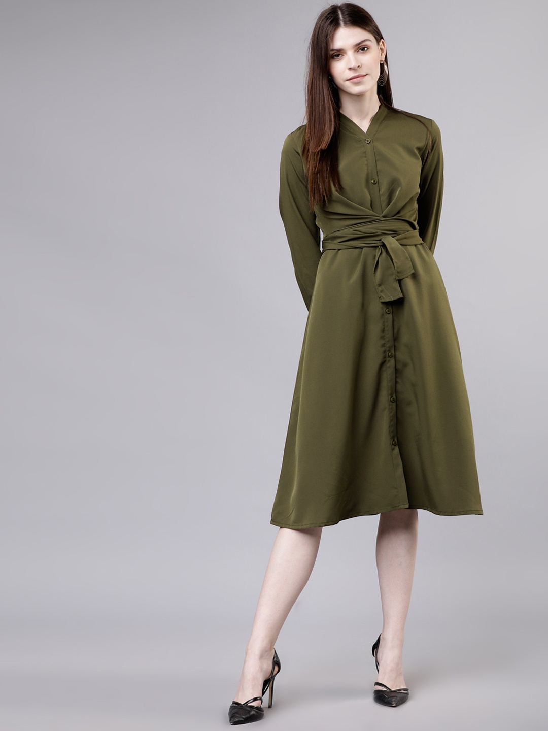 

Tokyo Talkies Women Solid Olive Green Shirt Dress
