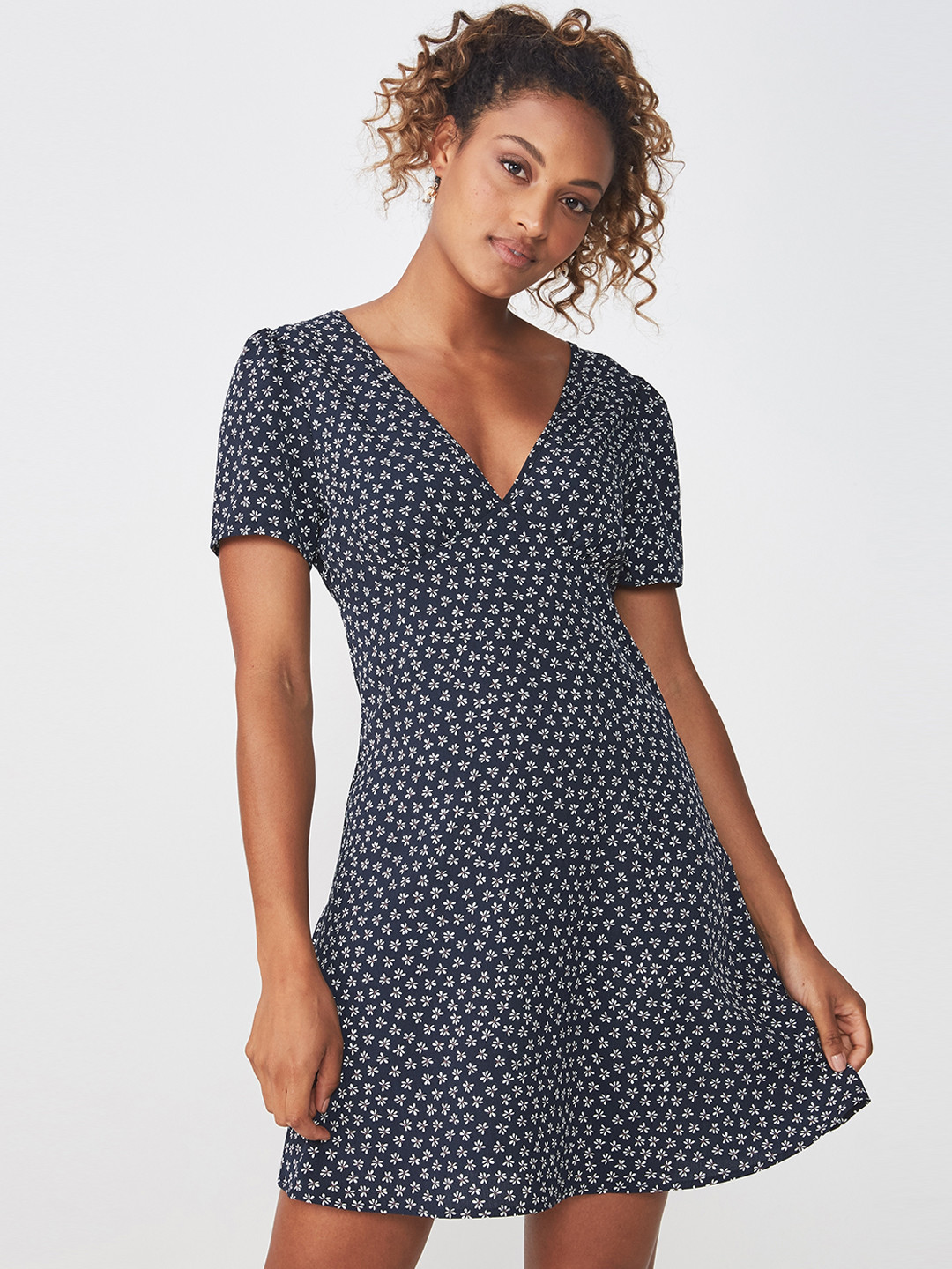 

COTTON ON Women Navy Blue Floral Print Empire Dress