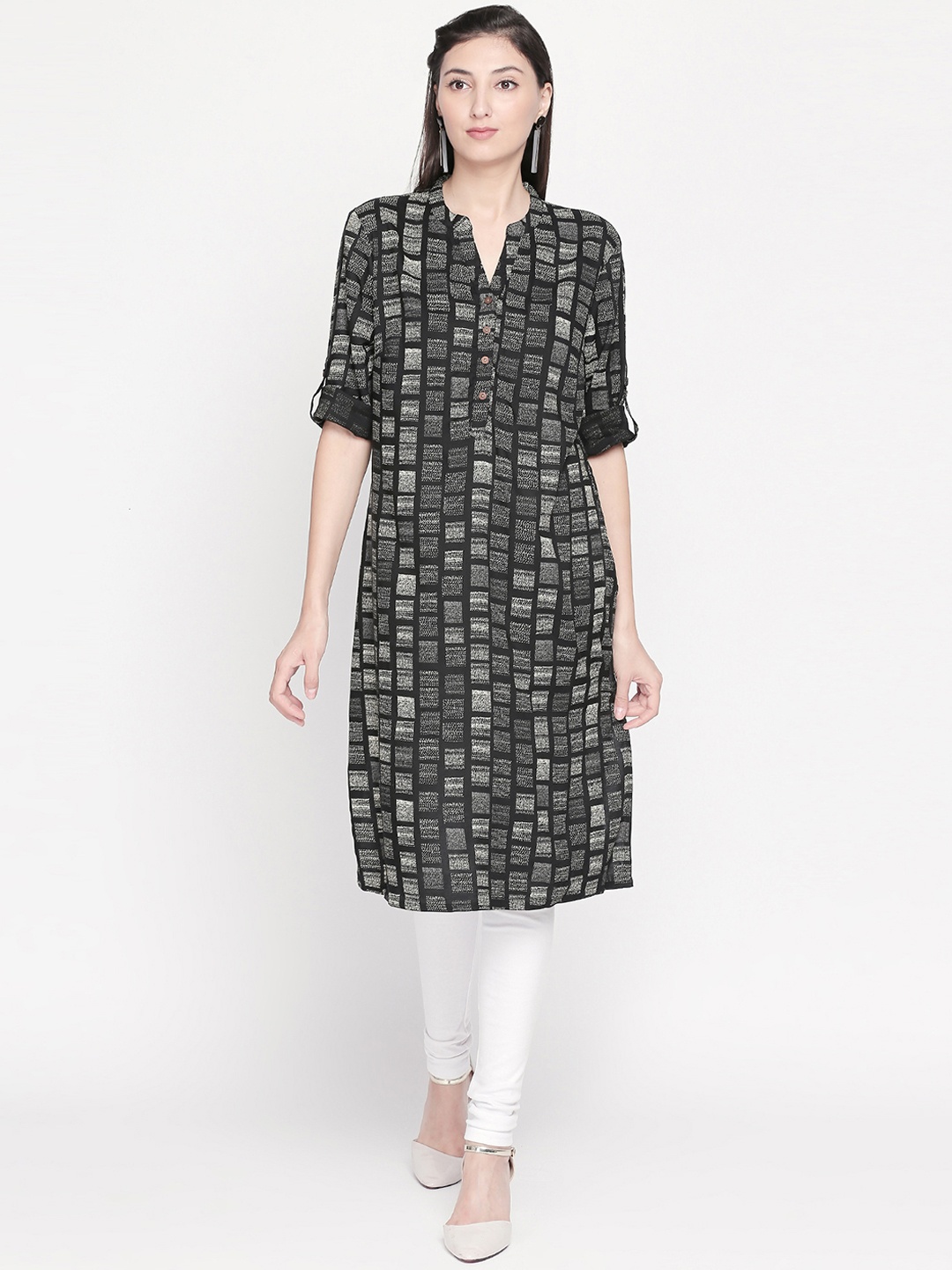 

RANGMANCH BY PANTALOONS Women Black & Grey Printed Straight Kurta