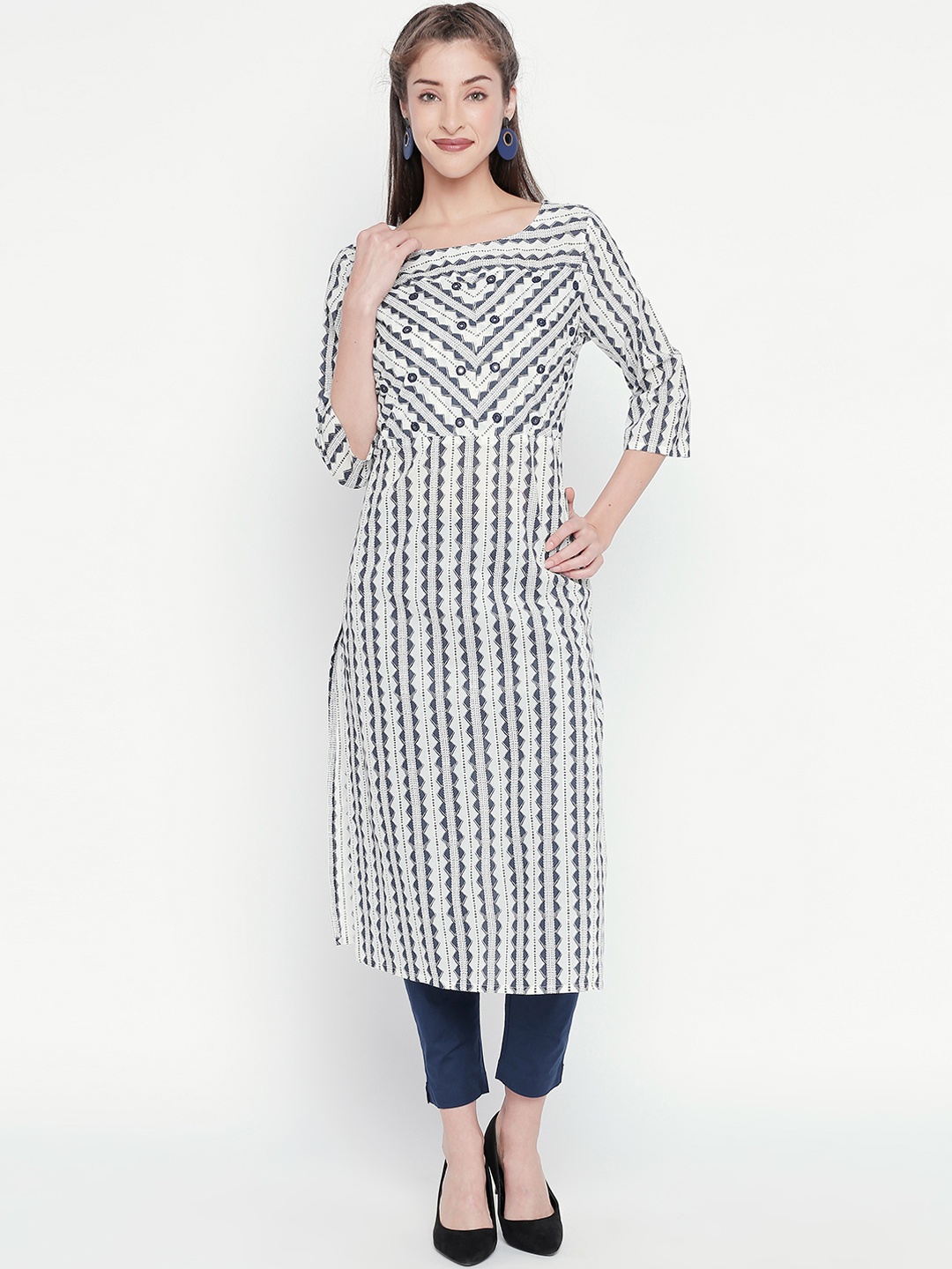 

RANGMANCH BY PANTALOONS Women Black & White Printed Straight Kurta