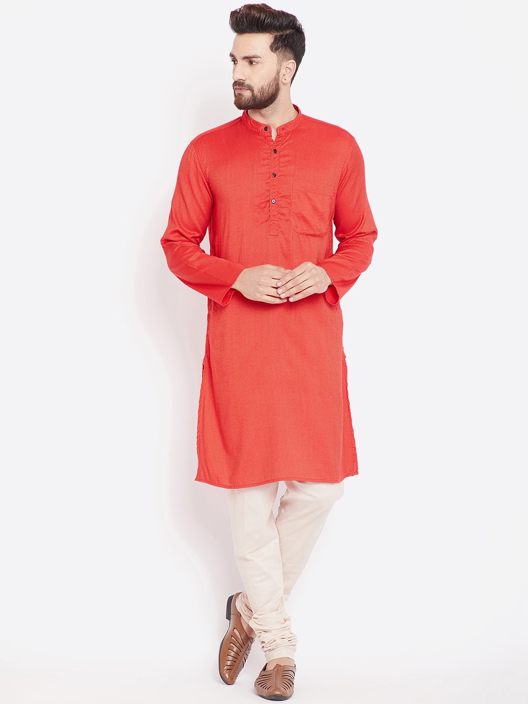 

even Men Red Striped Straight Kurta