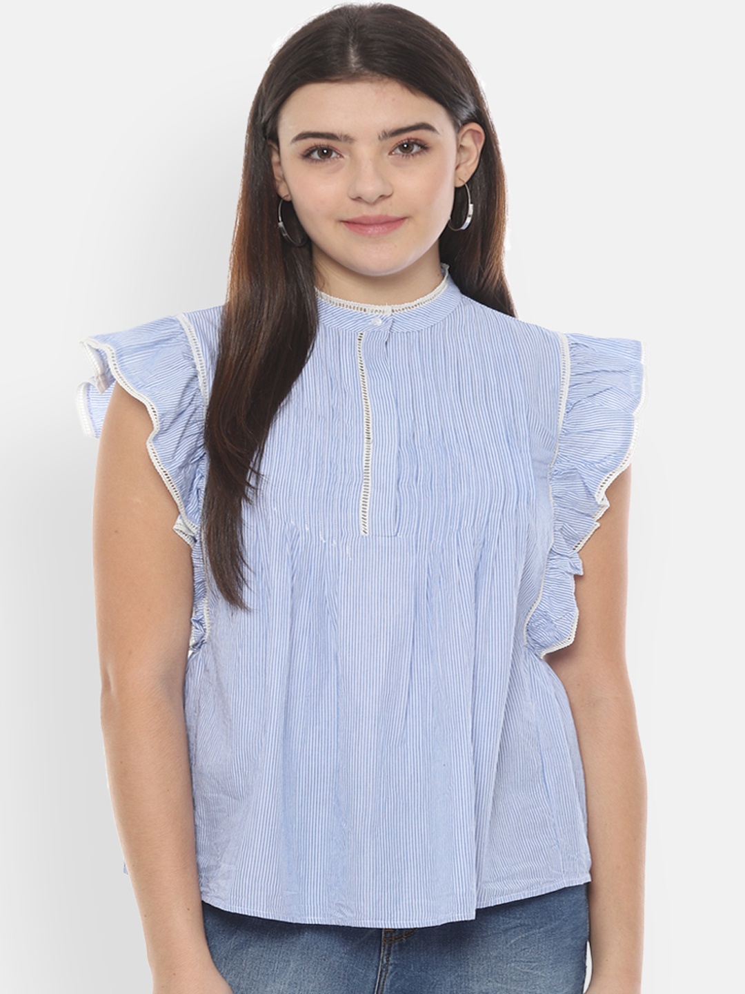 

People Women Blue Striped Pure Cotton Top
