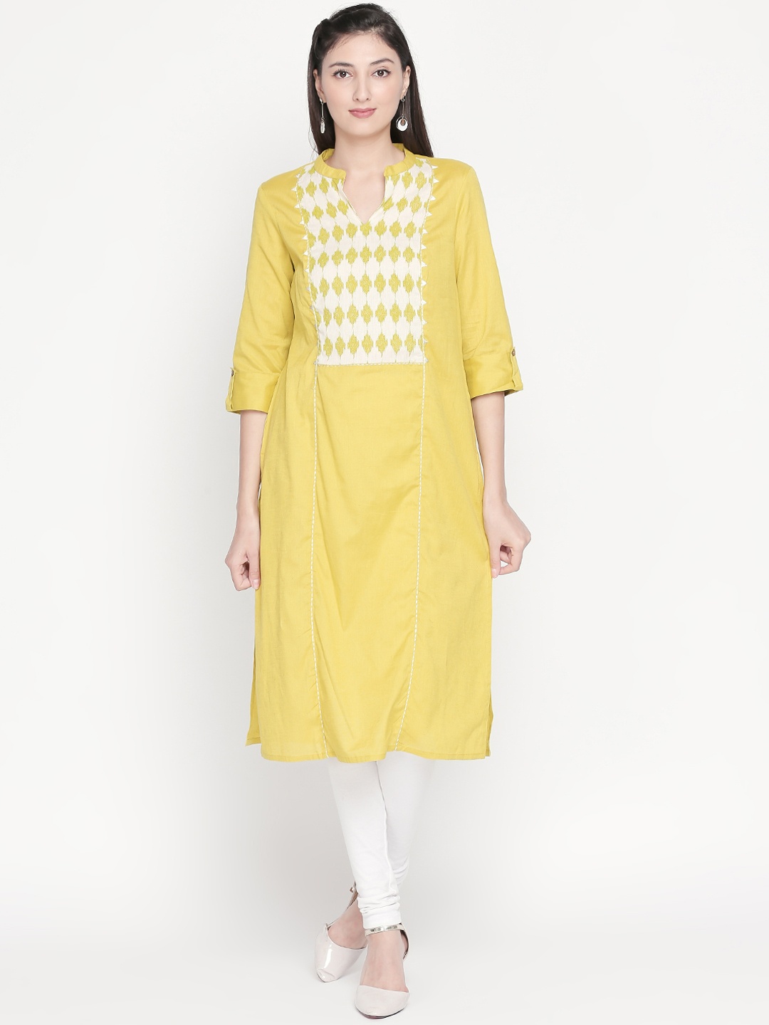 

RANGMANCH BY PANTALOONS Women Yellow Yoke Design Straight Kurta