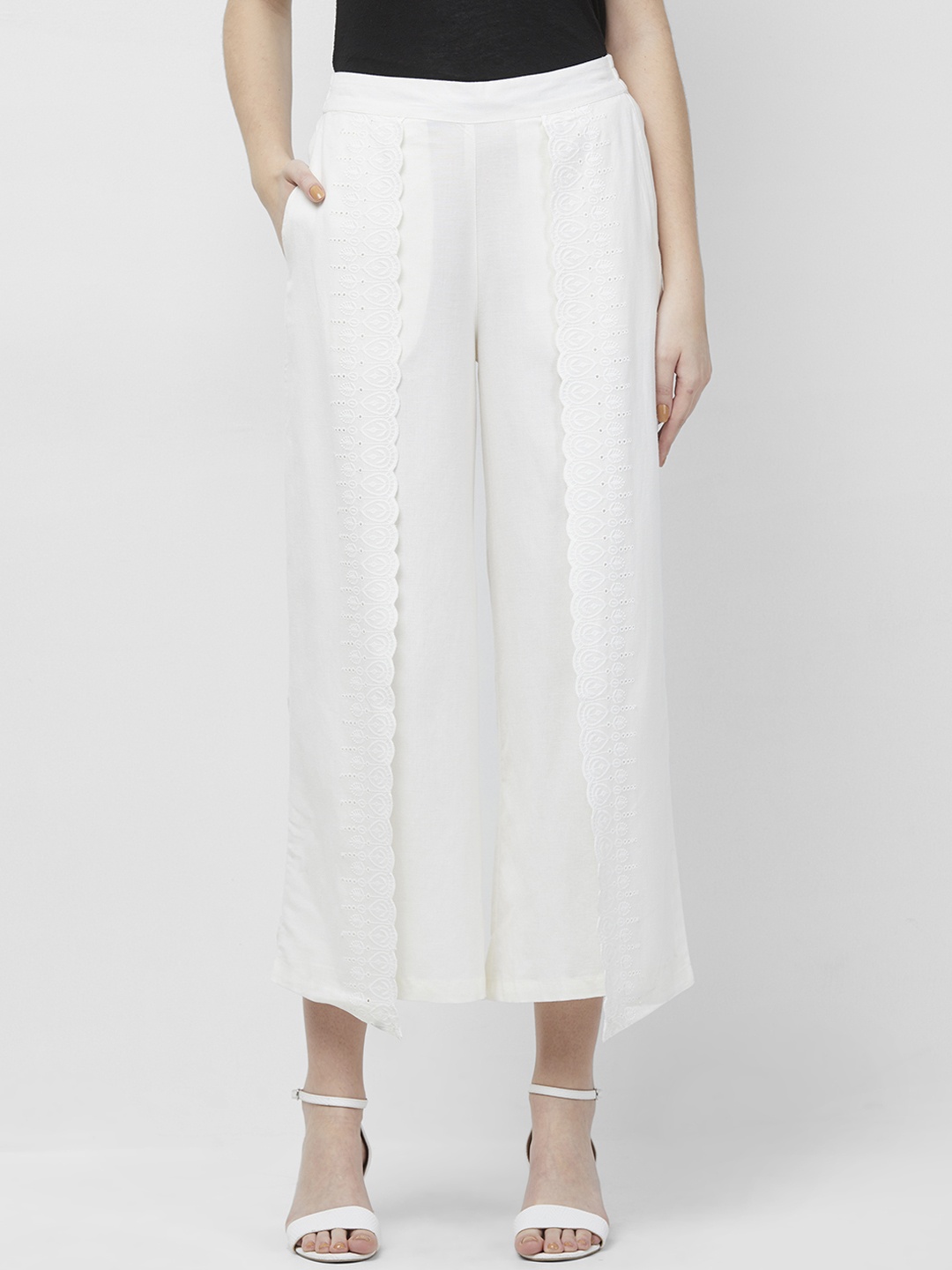 

Naari Women Off-White Regular Fit Self Design Parallel Trousers
