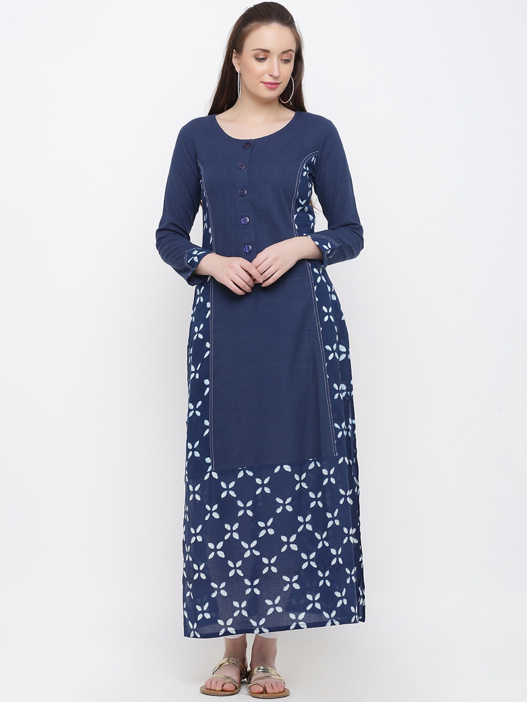Indian Virasat Women Blue & White Printed Straight Kurta