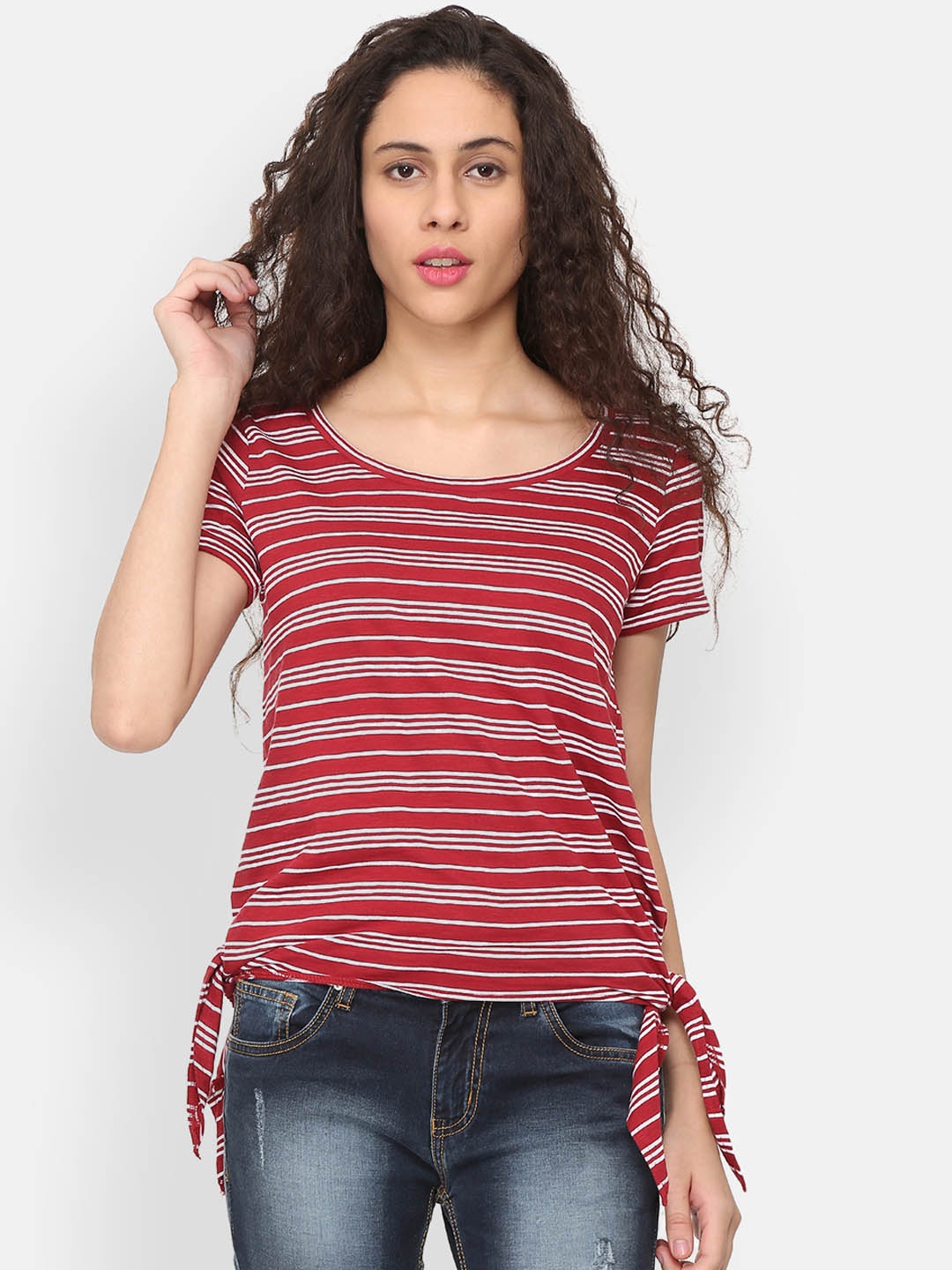 People Women Maroon Striped Pure Cotton Top