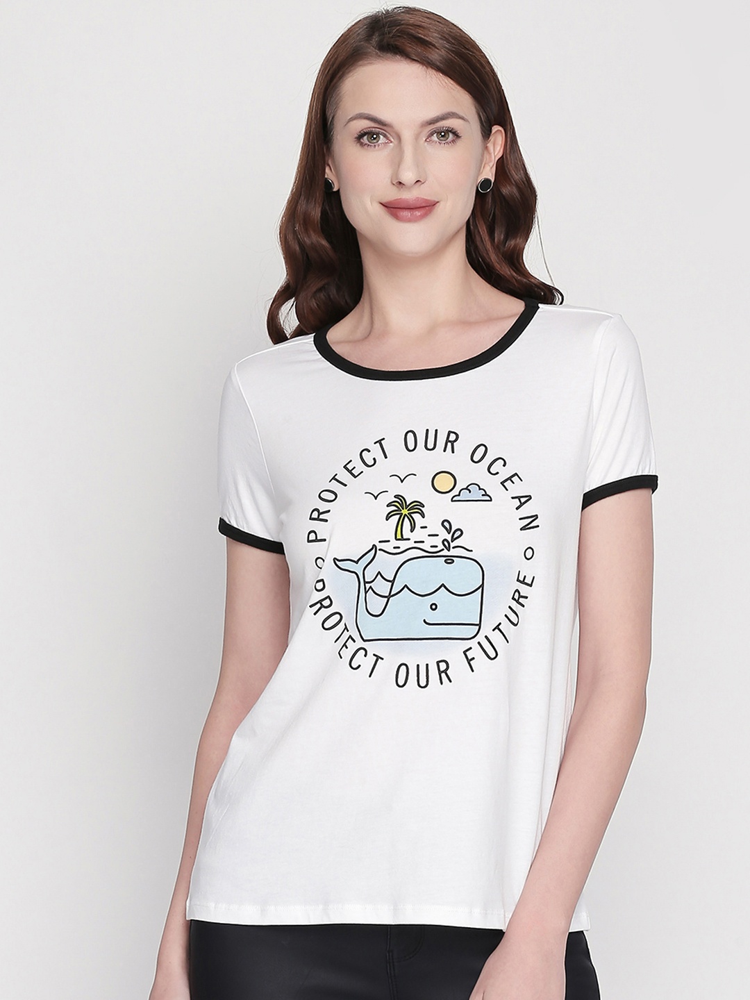 

Honey by Pantaloons Women White Printed Round Neck Pure Cotton T-shirt
