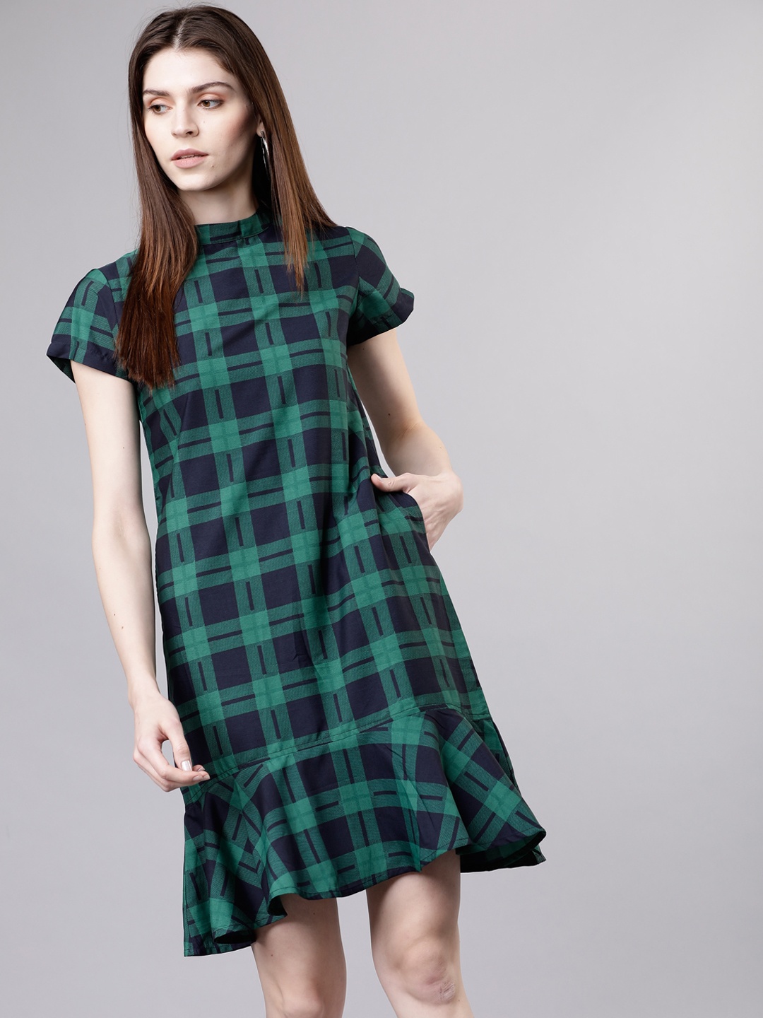

Tokyo Talkies Women Checked Navy Blue Drop-Waist Dress