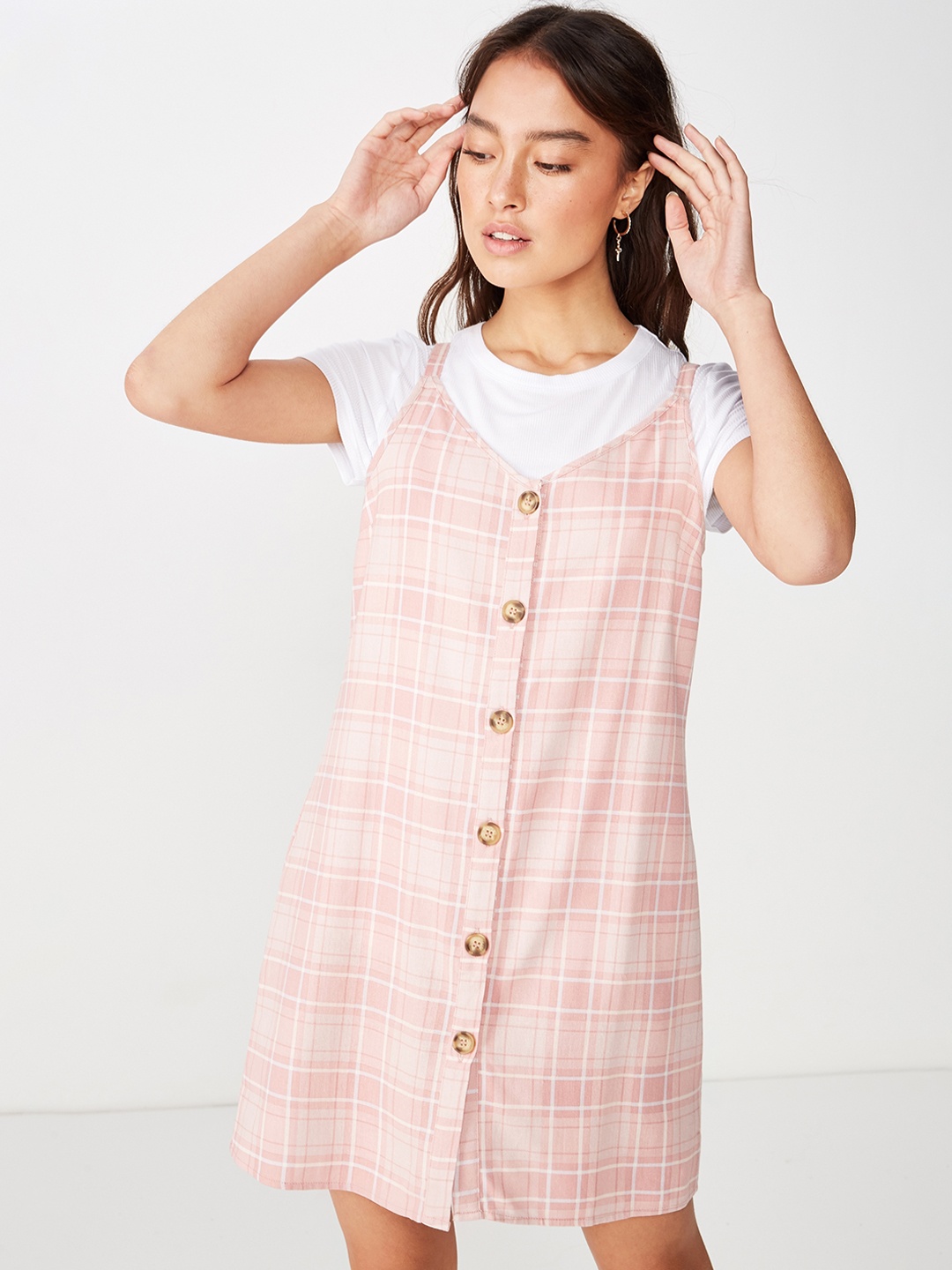 

COTTON ON Women Tan Brown Checked Pinafore Dress