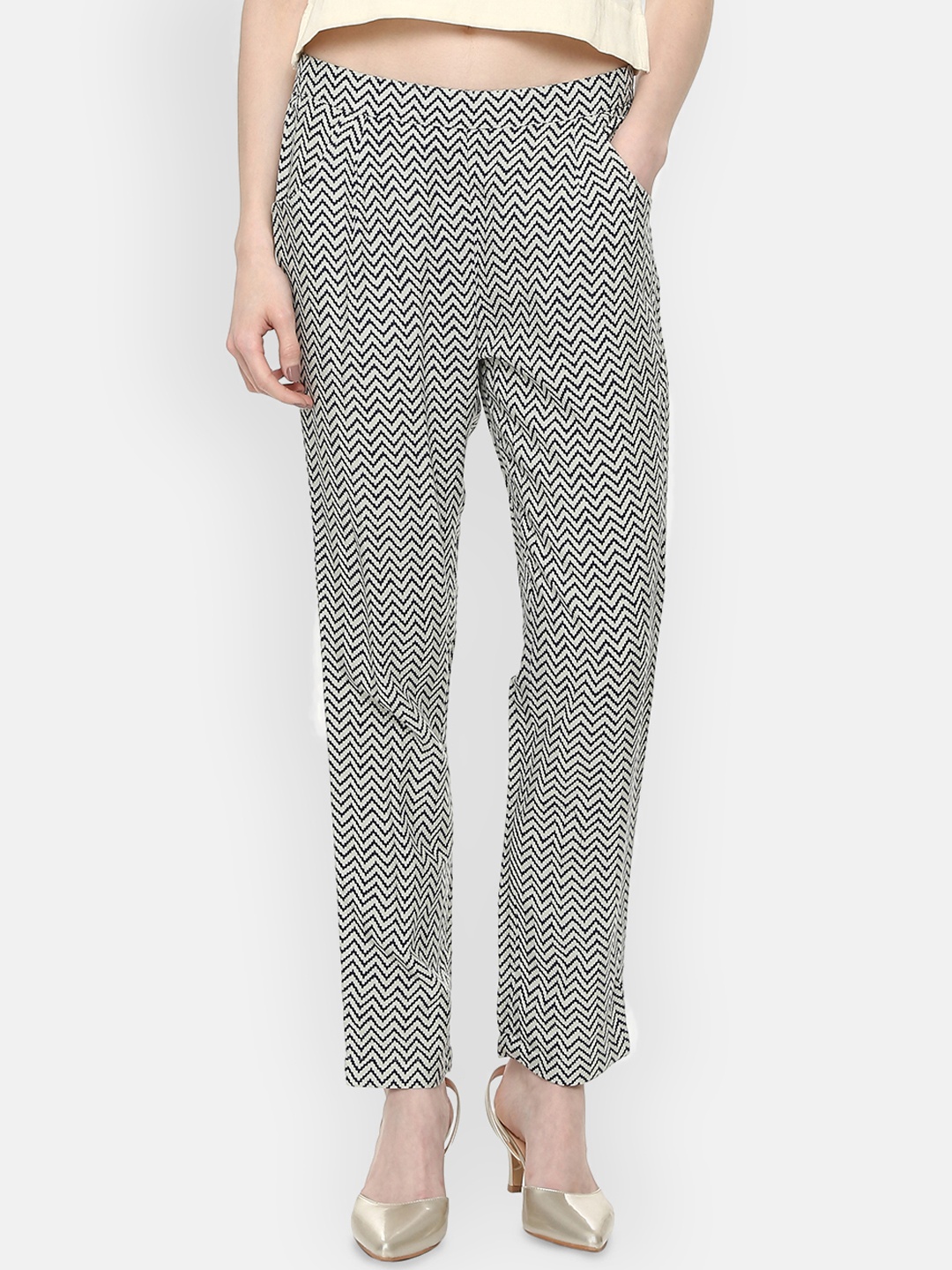 People Women Grey & Blue Regular Fit Striped Regular Trousers
