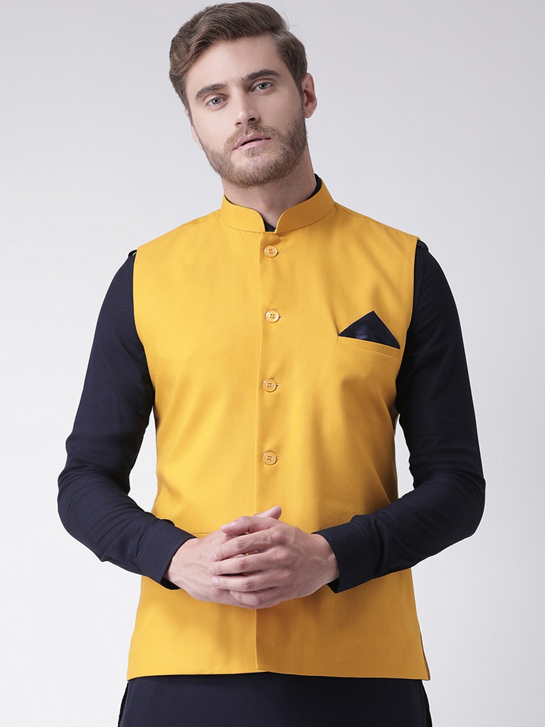 

DEYANN Men Mustard Yellow Solid Nehru Jacket