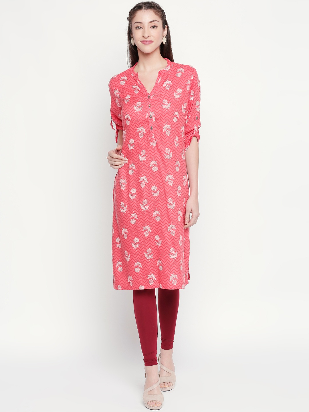 

RANGMANCH BY PANTALOONS Women Coral Pink & Beige Printed Straight Kurta
