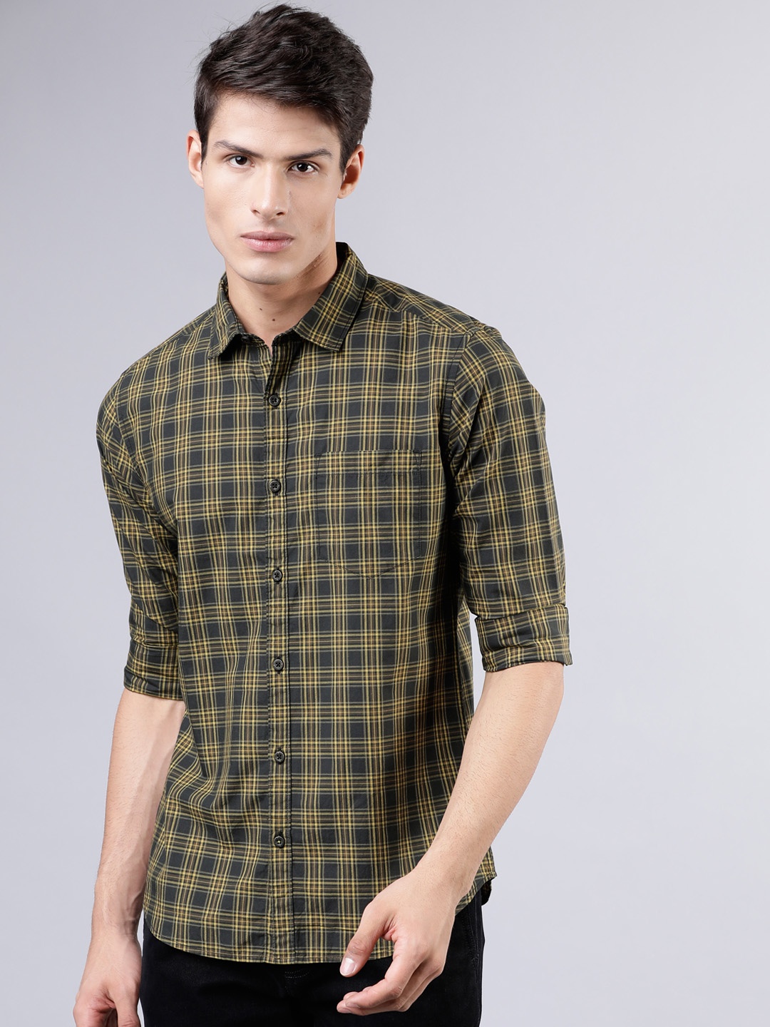 

HIGHLANDER Men Olive Green & Yellow Slim Fit Checked Casual Shirt