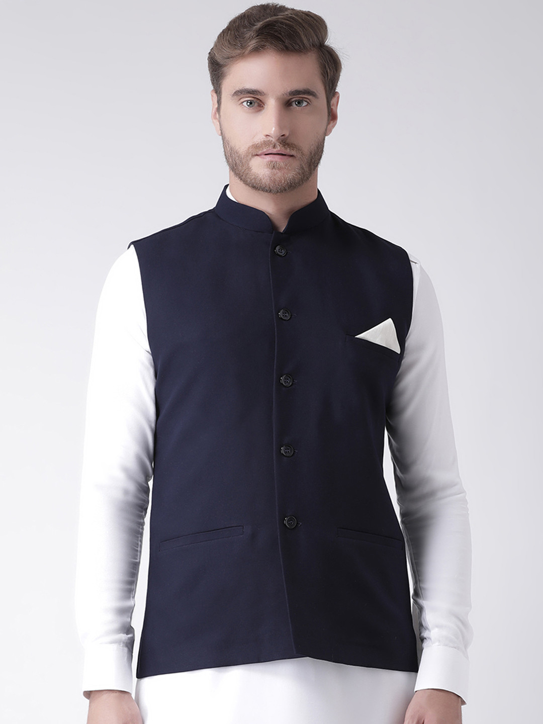 

DEYANN Men Navy Blue Solid Nehru Jacket