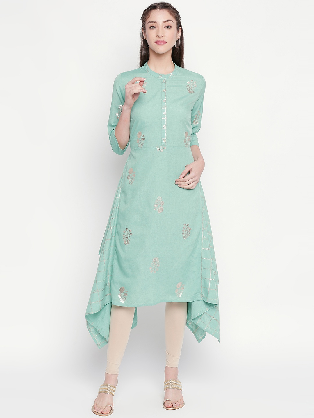 

RANGMANCH BY PANTALOONS Women Turquoise Blue & Beige Printed Asymmetrical Hem A-Line Kurta